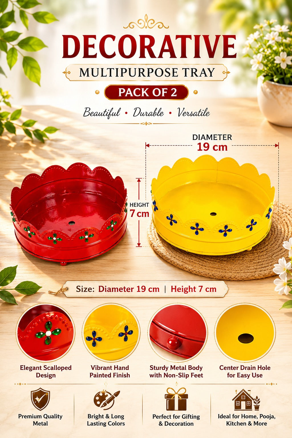 Premium Decorative Metal Tray Set of 2 | Round Multipurpose Gift Hamper Basket | Red & Yellow Floral Serving Trays | Fruit, Dry Fruit, Pooja & Home Decor Tray