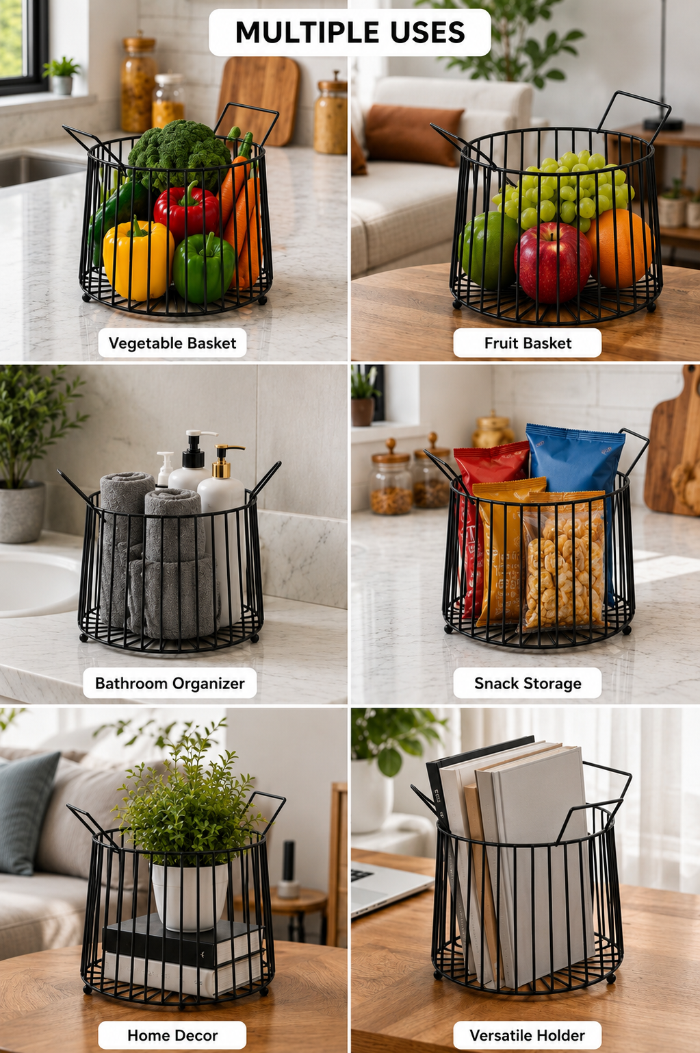 Modern Metal Fruit Basket | Round Wire Storage Basket with Handles | Decorative Kitchen & Dining Table Organizer