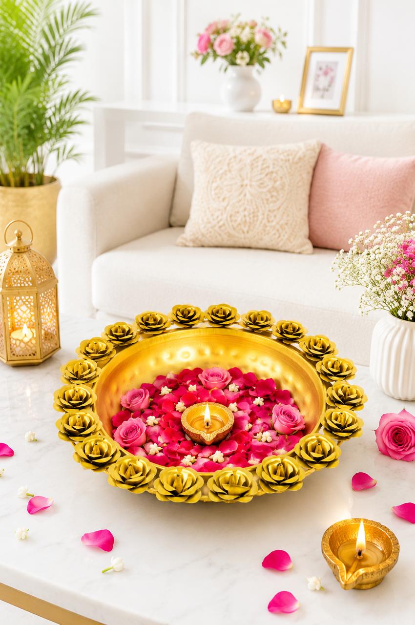 Premium Metal Urli Bowl with Rose Diya Holders | Decorative Floating Flower Urli for Water, Candles & Tea Lights | Traditional Pooja Urli for Diwali, Home Décor, Wedding & Festive Decoration