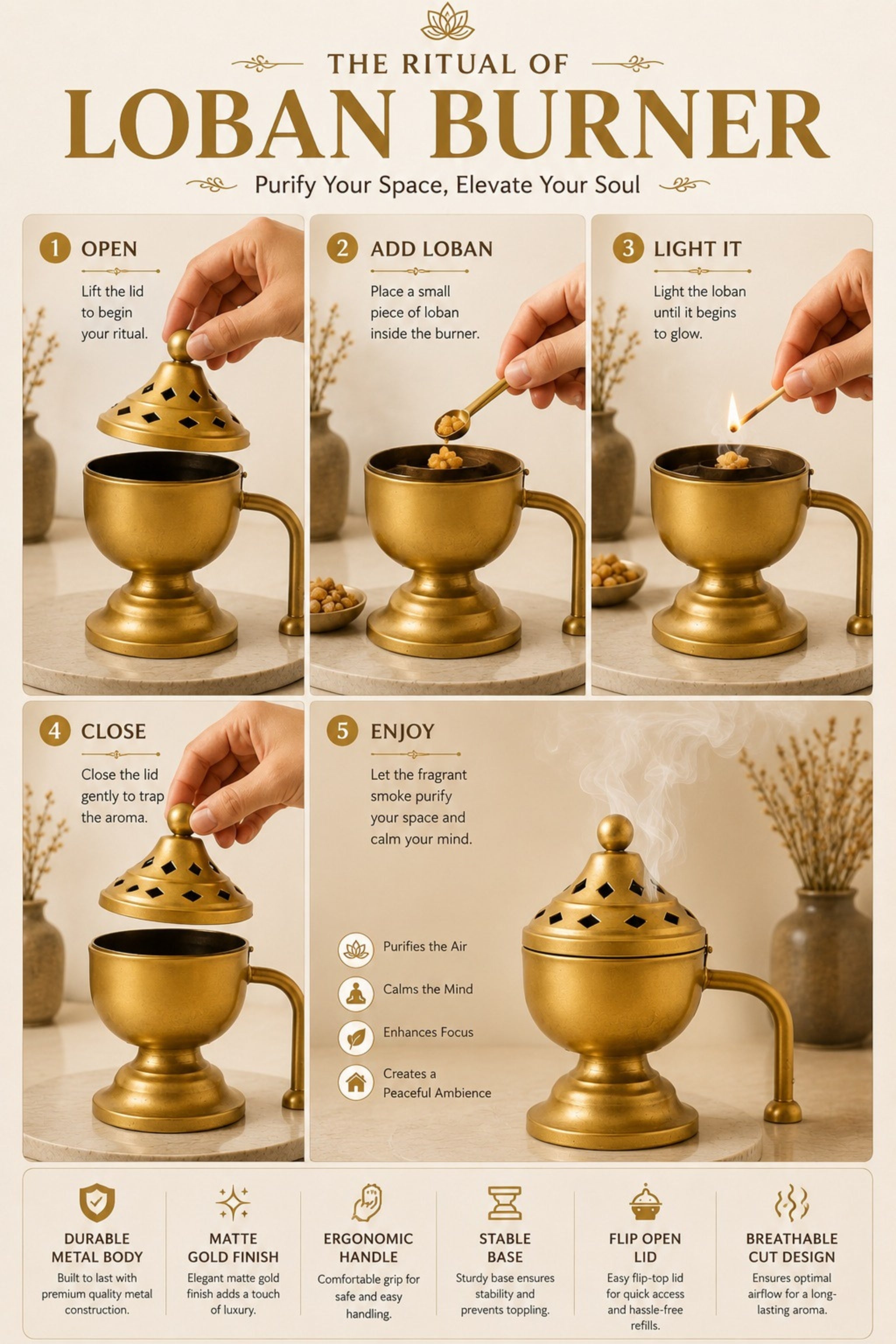 Brass Finish Metal Dhoop Dani with Wooden Handle & Lid for Pooja, Loban & Sambrani Burning | Covered Incense Burner for Home Temple, Havan, Vastu & Premium Festive Gift Item