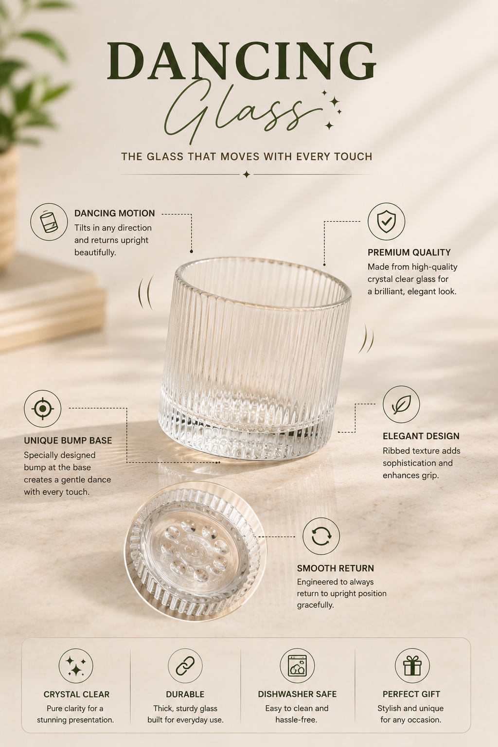 Premium Dancing Glass Serving Set with Round Metal Tray | 4 Self-Balancing Rocking Glasses & 1 Crystal Snack Bowl | Decorative Beverage Serving Set for Tea, Juice, Whisky, Cocktails & Home Décor