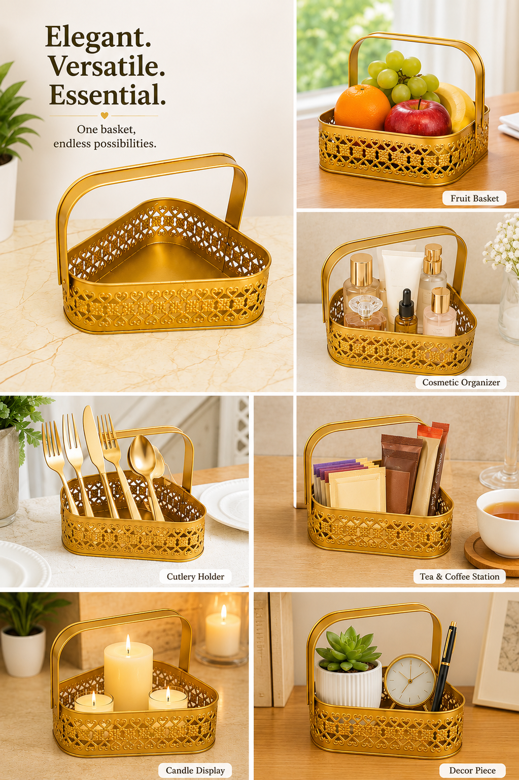 Premium Triangle Metal Basket with Handle (Small) | Decorative Gold Serving Basket | Gift Hamper Basket | Fruit & Dry Fruit Basket | Metal Organizer Tray for Home Décor