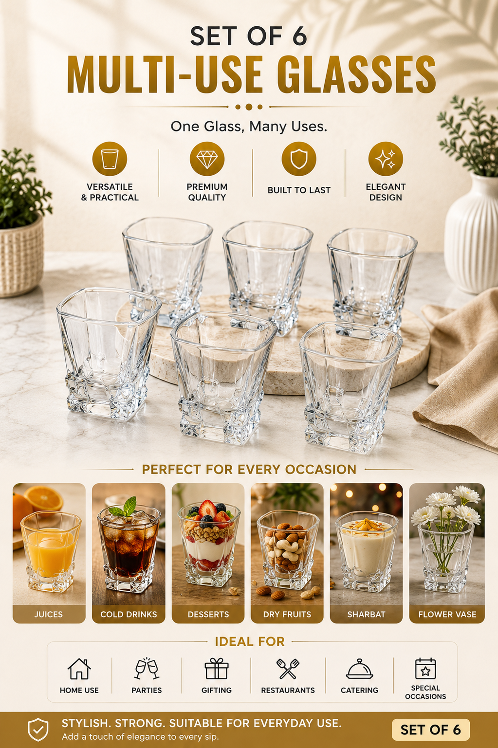 Premium Square Whiskey Glass Set with MDF Serving Tray | 6 Crystal Clear Heavy Base Drinking Glasses for Whisky, Scotch, Cocktails, Juice & Water | Elegant Drinkware Gift Set for Home Bar