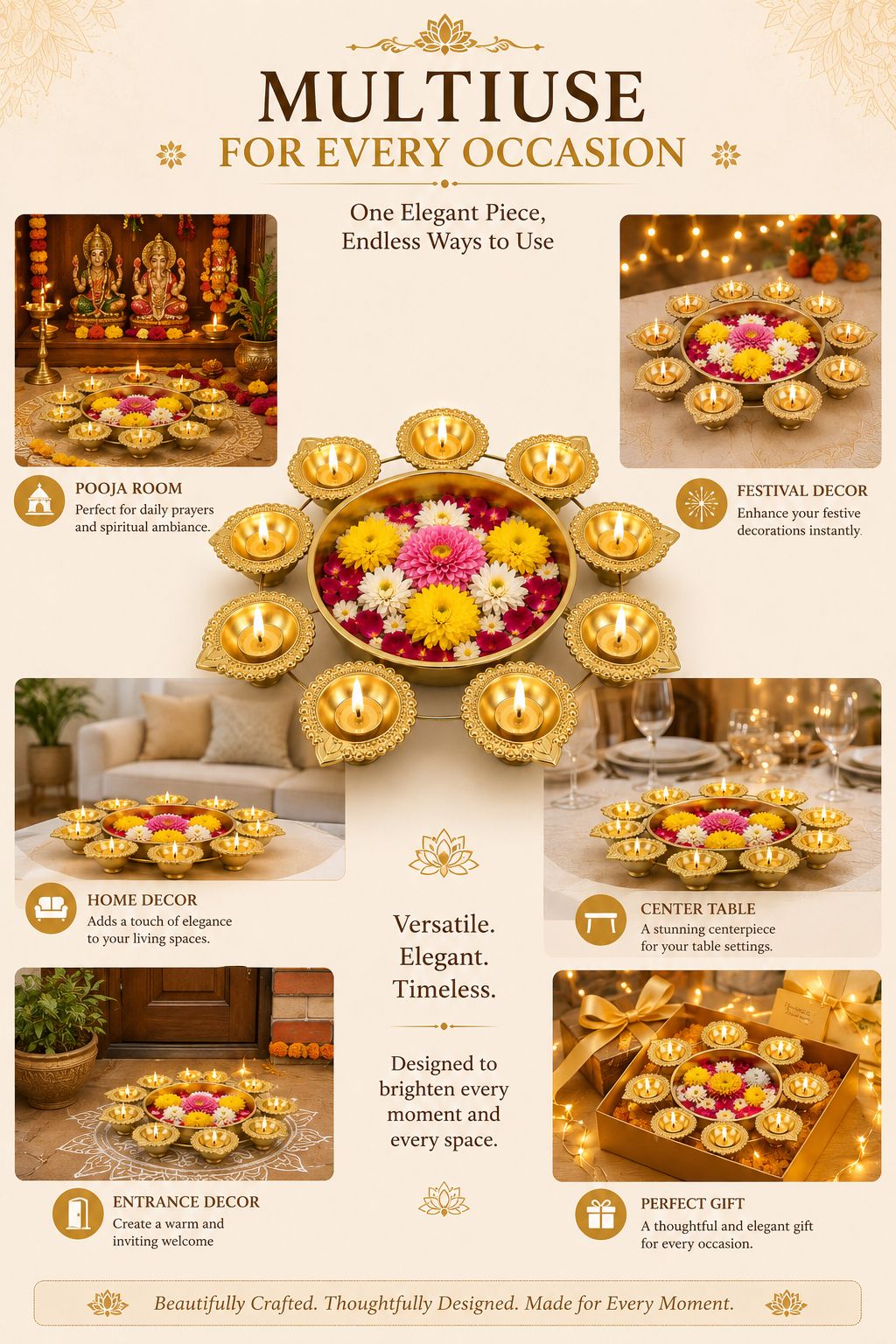 Premium Iron Urli with 8 Diya Holders | Decorative Metal Floating Flower Bowl for Water, Candles & Rangoli | Traditional Urli for Diwali, Pooja, Wedding, Festivals & Home Decoration