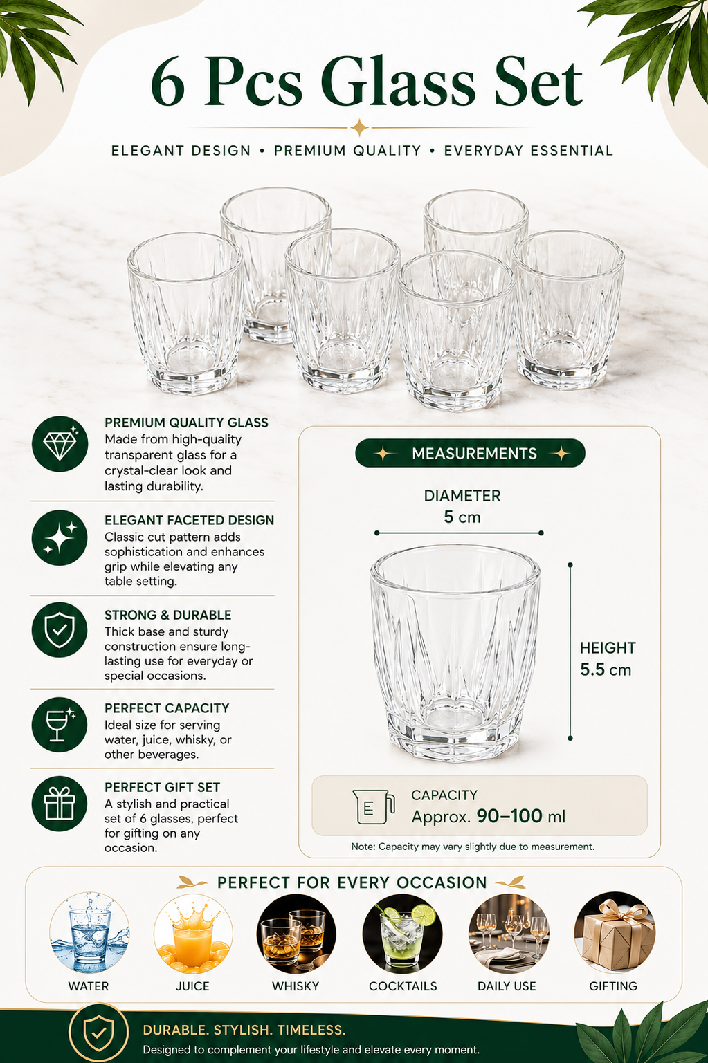 Premium Shot Glass Set with Decorative Storage Tray | 6 Heavy Base Shot Glasses for Whiskey, Tequila, Vodka, Rum & Espresso Shots | Crystal Clear Glass Drinkware Gift Set for Home Bar & Parties