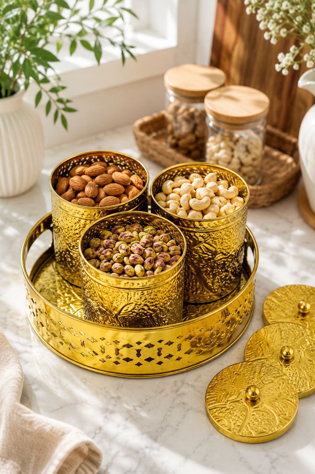 Premium Brass Dry Fruit Container Set with Tray | 3 Storage Jars with Lids | Decorative Brass Serveware | Dry Fruit, Mukhwas, Candy & Spice Organizer | Gift Set