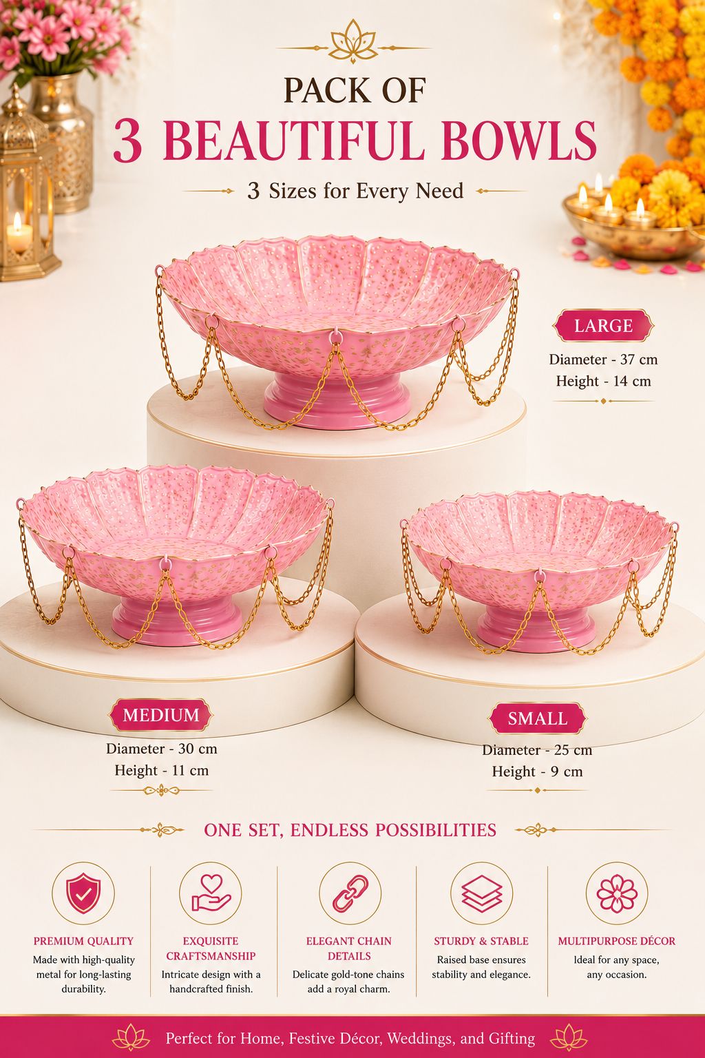 Premium Pink Lotus Urli Bowl Set of 3 with Decorative Chain | Handcrafted Metal Floating Flower Bowls for Water, Candles & Tea Lights | Decorative Urli for Diwali, Wedding, Pooja & Home Décor