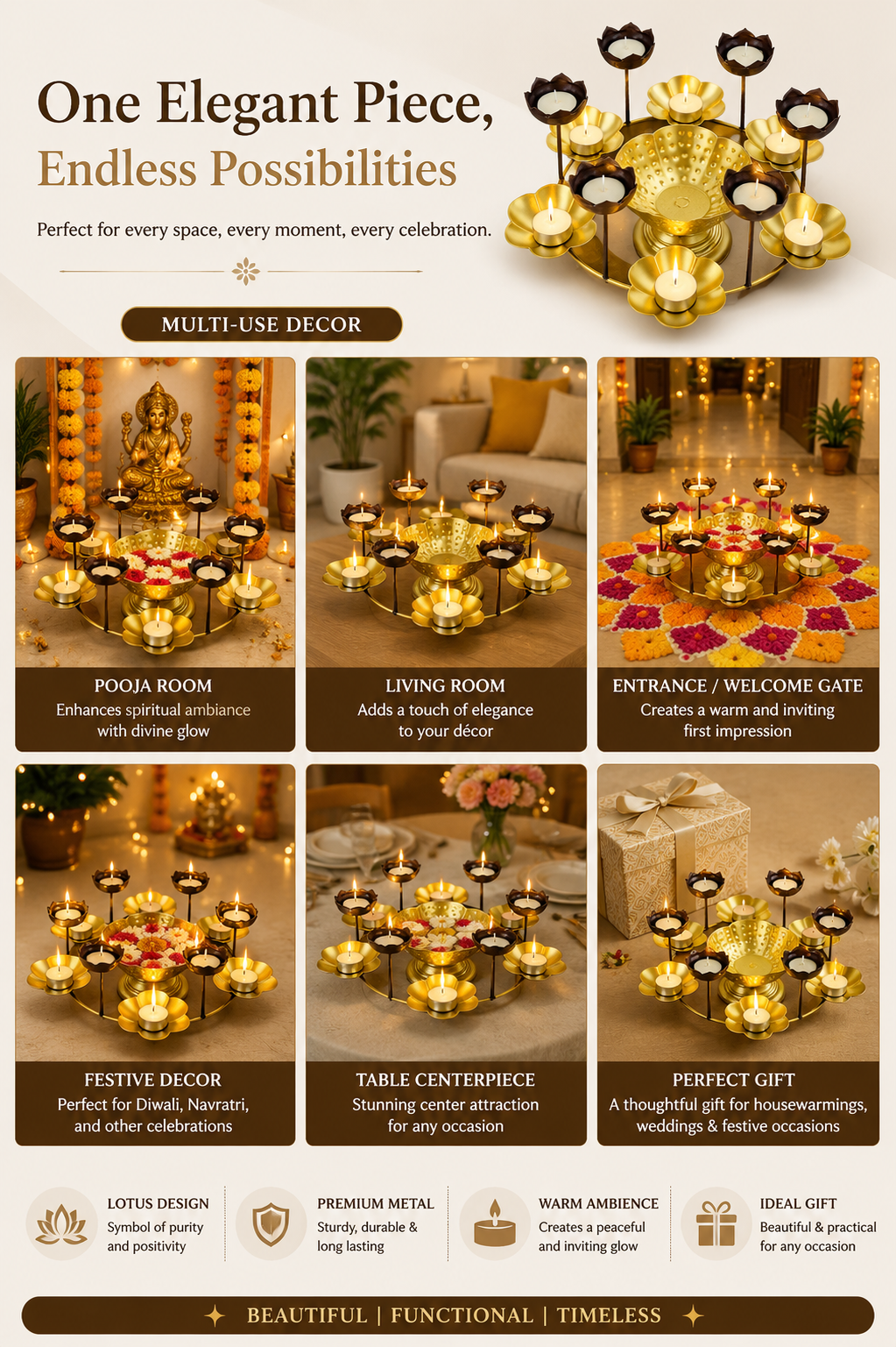 Premium Lotus Urli Bowl with Elevated Tea Light Holders | Decorative Hammered Metal Floating Flower Bowl | Gold Finish Candle Centerpiece for Diwali, Pooja, Weddings, Festivals & Home Décor
