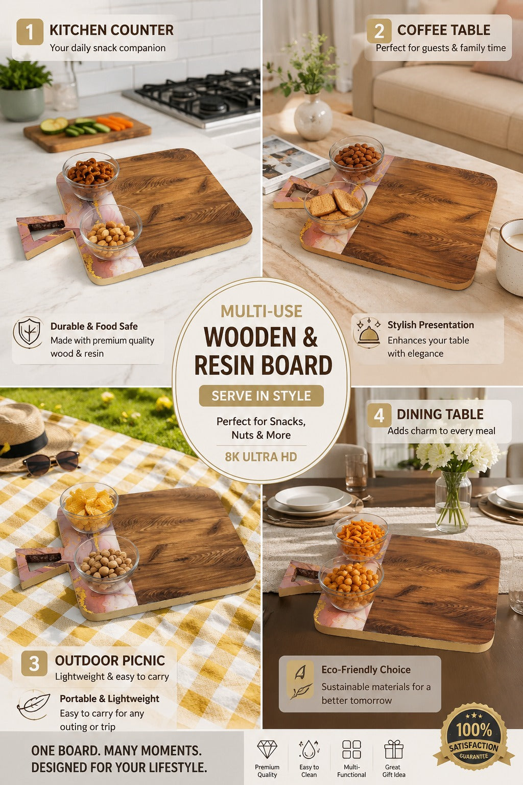 Premium Resin & Wood Serving Board with 2 Glass Bowls | MDF Cheese Board & Charcuterie Serving Platter | Multipurpose Snack, Bread, Fruit & Appetizer Serving Tray