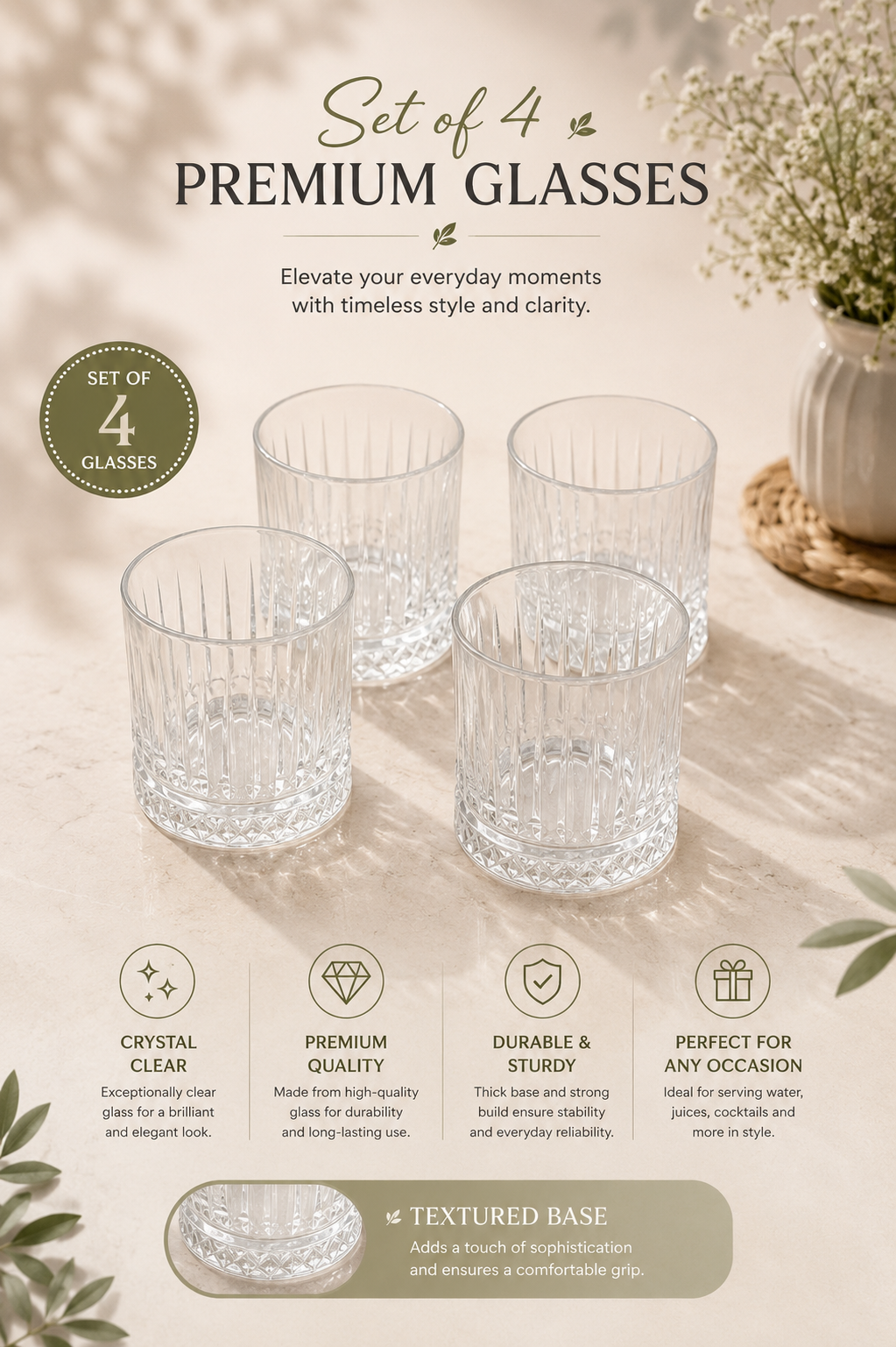 Premium Metal Serving Tray with 4 Crystal Glasses | Round Beverage Serving Set with Decorative Cutout Design & Side Handles | Tea, Juice, Water & Cocktail Glass Set for Home, Dining & Gifting
