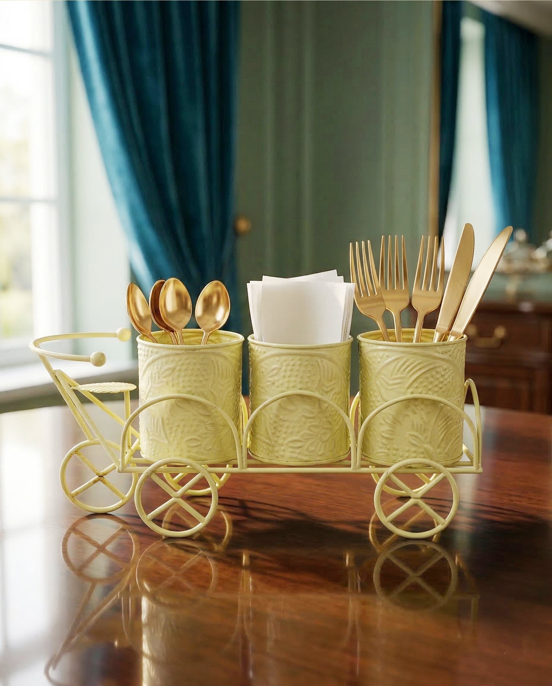 Luxury Cream Metal Cutlery & Napkin Holder | 3-Compartment Designer Cart Style Organizer with Ornate Detailing | Spoon, Fork, Knife & Tissue Stand for Dining Table & Kitchen Décor