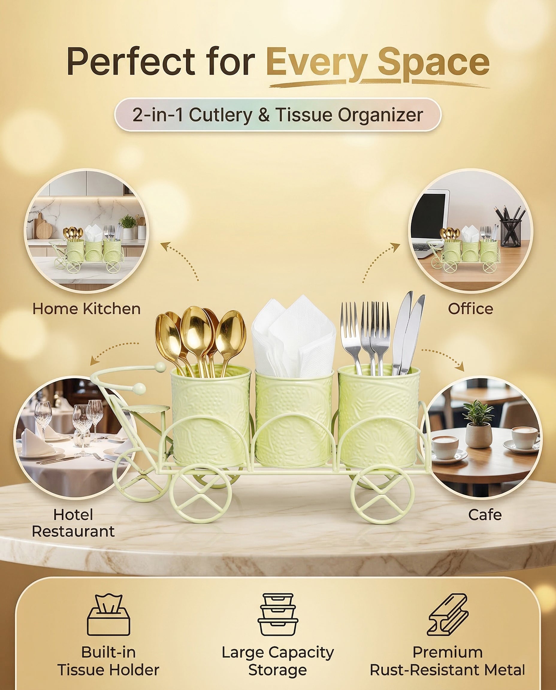 Luxury Cream Metal Cutlery & Napkin Holder | 3-Compartment Designer Cart Style Organizer with Ornate Detailing | Spoon, Fork, Knife & Tissue Stand for Dining Table & Kitchen Décor