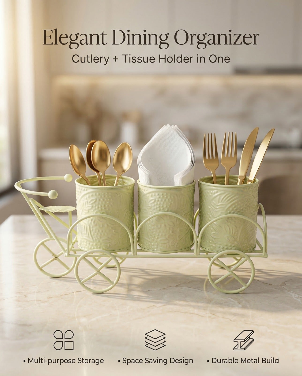 Luxury Cream Metal Cutlery & Napkin Holder | 3-Compartment Designer Cart Style Organizer with Ornate Detailing | Spoon, Fork, Knife & Tissue Stand for Dining Table & Kitchen Décor