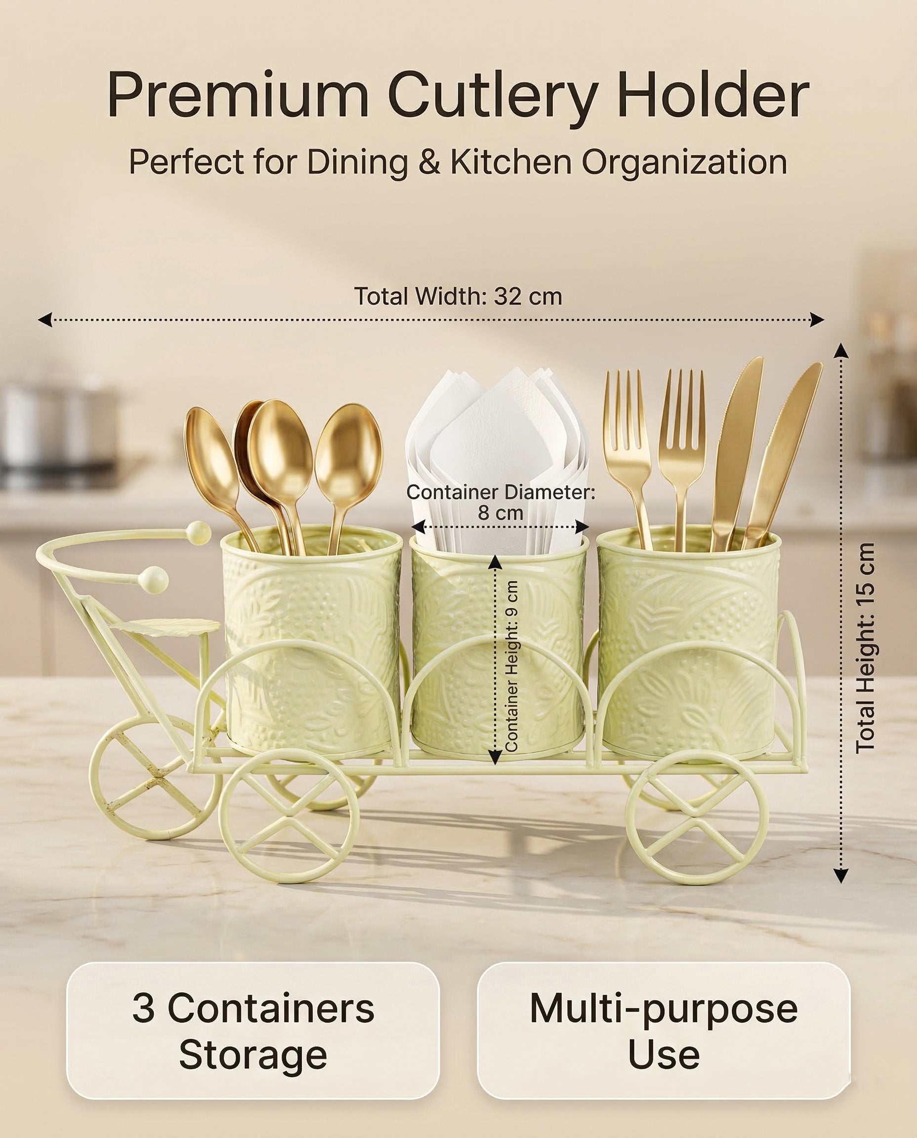 Luxury Cream Metal Cutlery & Napkin Holder | 3-Compartment Designer Cart Style Organizer with Ornate Detailing | Spoon, Fork, Knife & Tissue Stand for Dining Table & Kitchen Décor