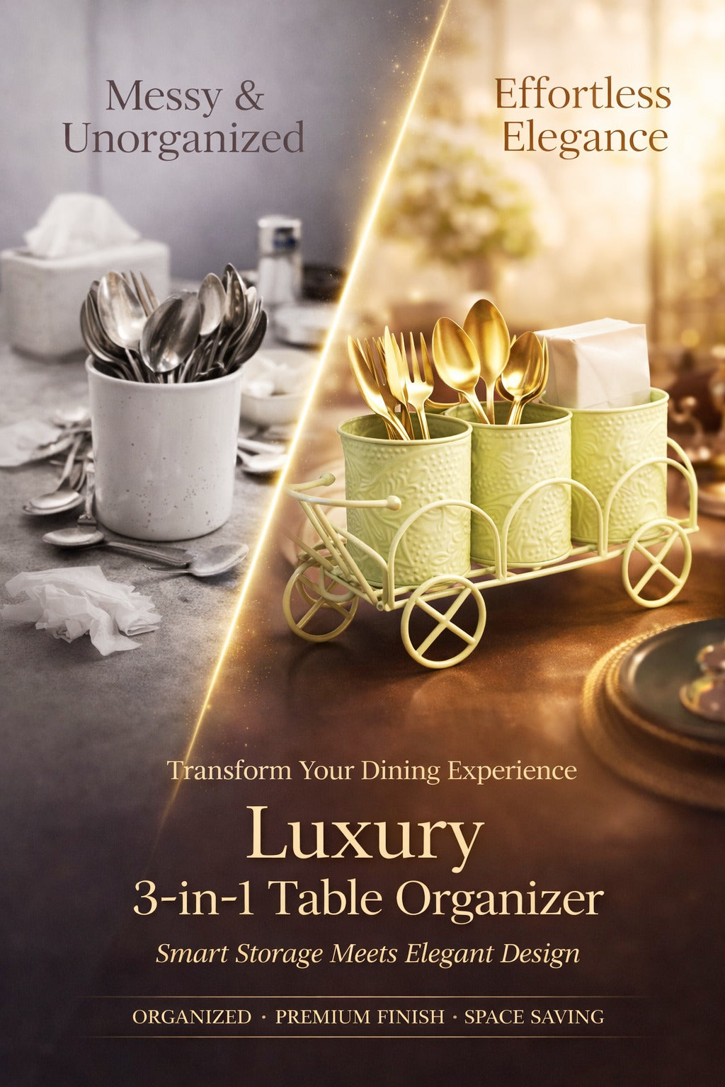 Luxury Cream Metal Cutlery & Napkin Holder | 3-Compartment Designer Cart Style Organizer with Ornate Detailing | Spoon, Fork, Knife & Tissue Stand for Dining Table & Kitchen Décor