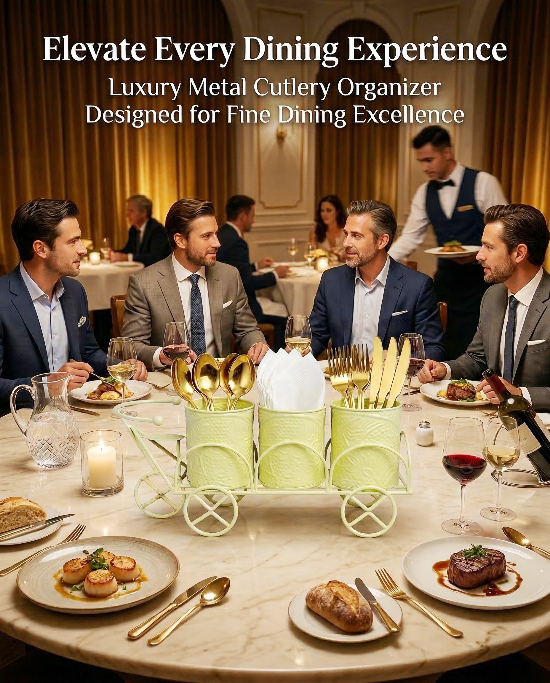 Luxury Cream Metal Cutlery & Napkin Holder | 3-Compartment Designer Cart Style Organizer with Ornate Detailing | Spoon, Fork, Knife & Tissue Stand for Dining Table & Kitchen Décor