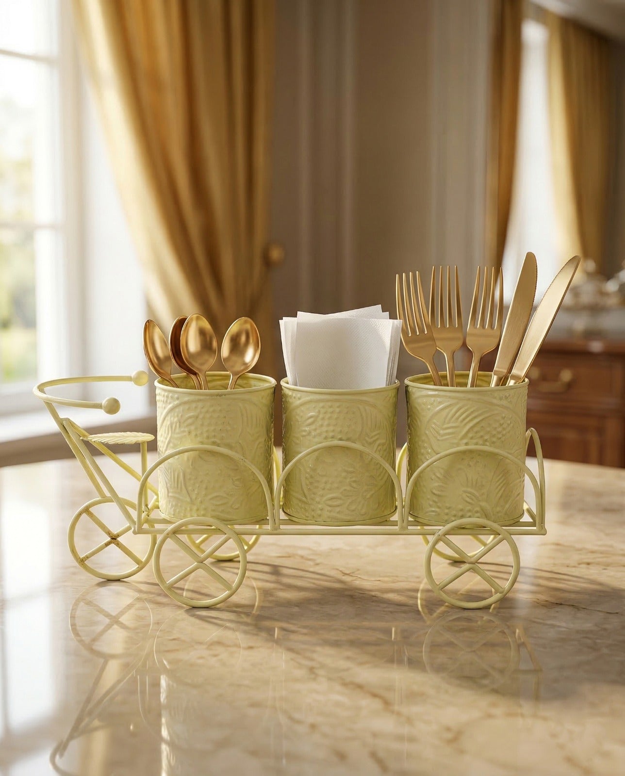 Luxury Cream Metal Cutlery & Napkin Holder | 3-Compartment Designer Cart Style Organizer with Ornate Detailing | Spoon, Fork, Knife & Tissue Stand for Dining Table & Kitchen Décor