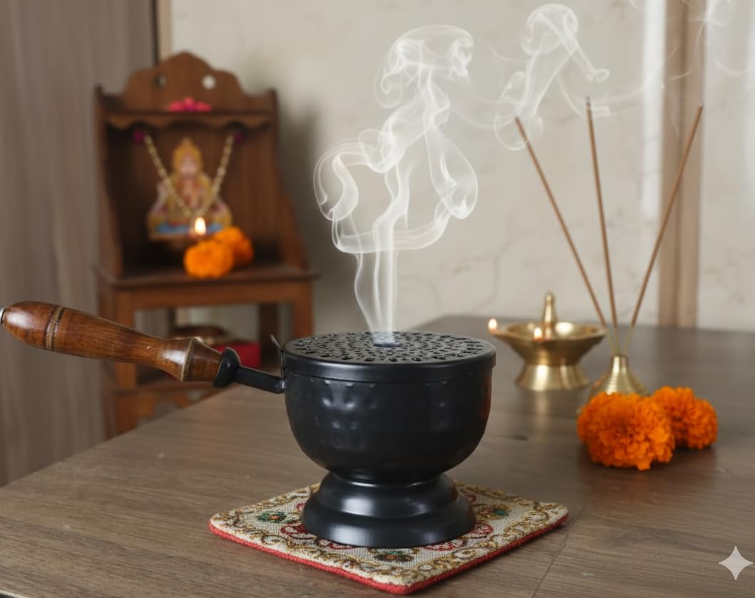 Metal Loban Incense Burner with Wooden Handle | Perforated Lid Dhoop Dani Dhuni Sambrani Burner with Charcoal Holder