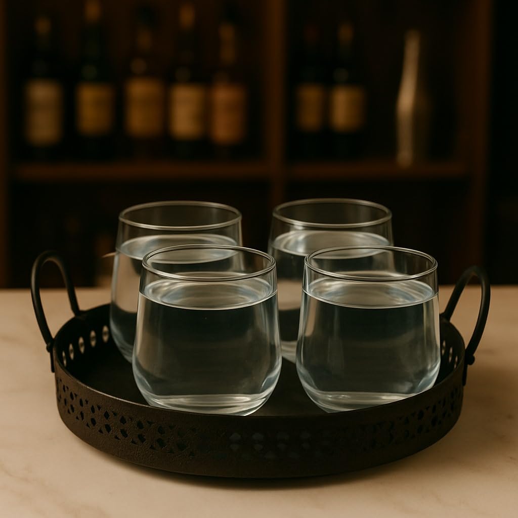 Premium Glass Drinkware Set with Metal Serving Tray | Set of 4 Whisky, Cocktail & Juice Glasses with Iron Stand | Elegant Beverage Serving Set for Home Bar, Parties & Dining