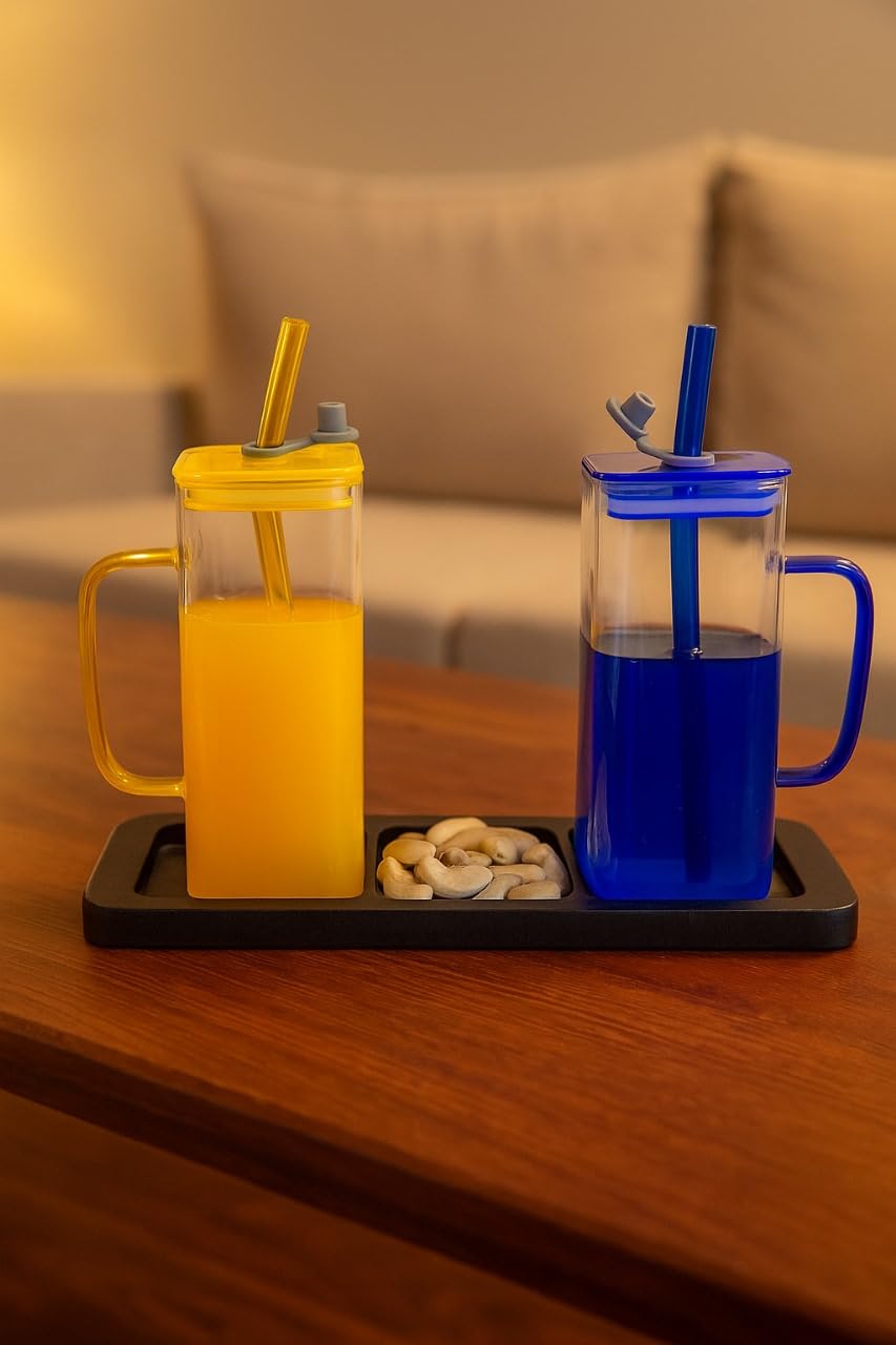 Double Wall Juice Glass Set Of 2 With Lid & Straw With MDF Serving Tray | Square Transparent Drink Glasses For Juice Water Cold Coffee Smoothies