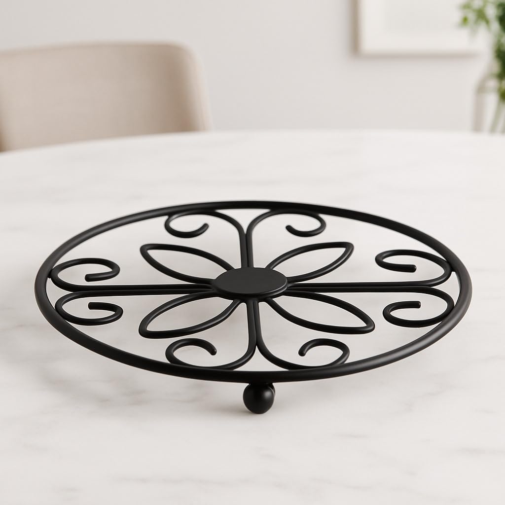 Modern Metal Trivet Stand | Round Floral Design Heat Resistant Pot Holder | Kitchen Countertop & Dining Table Protector