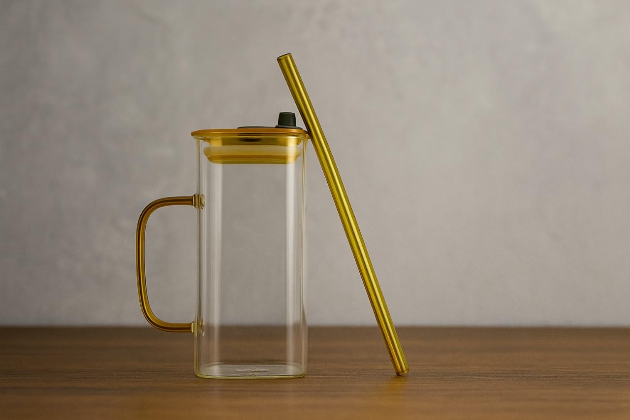 Double Wall Juice Glass Set Of 2 With Lid & Straw With MDF Serving Tray | Square Transparent Drink Glasses For Juice Water Cold Coffee Smoothies