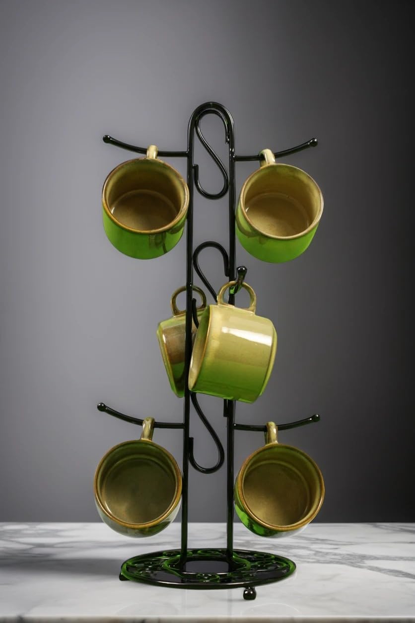Premium Green Ceramic Cup Set with Metal Stand | 6 Pcs Tea & Coffee Mugs | Elegant Glossy Finish Drinkware with Space-Saving Holder | Durable Kitchen & Gifting Mug Set