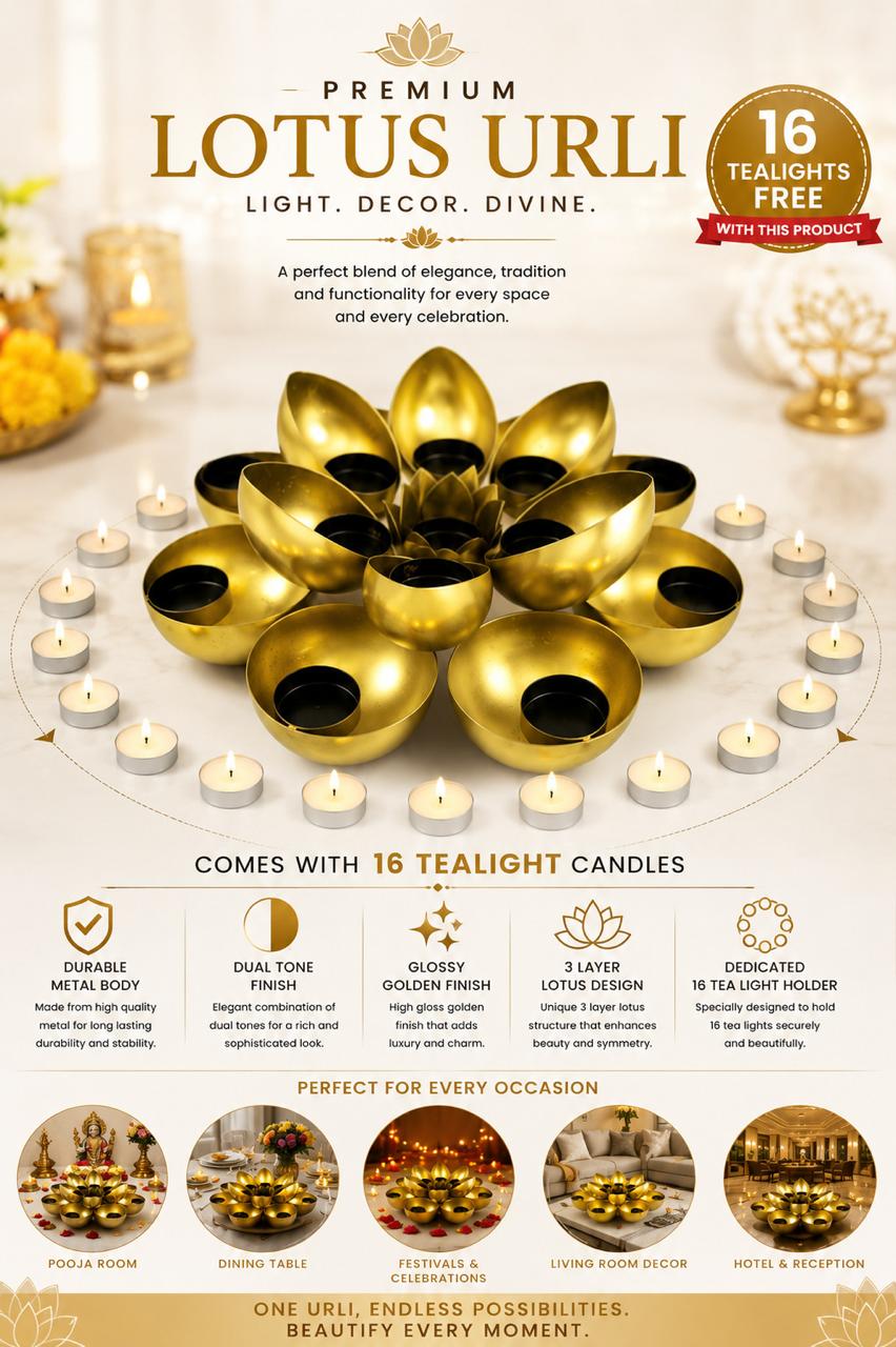 Golden Metal Urli Cum Tealight Holder Set | Decorative Diya & Flower Urli for Festive Home Décor