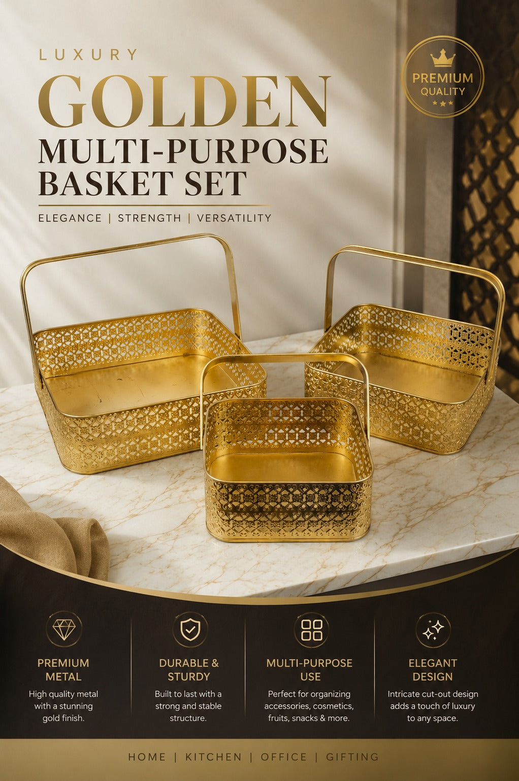 Premium Golden Metal Basket Set of 3 with Handle | Large, Medium & Small Multipurpose Storage Baskets | Gift Hamper, Fruit Basket, Kitchen Organizer, Vanity & Home Decor | Gold Finish