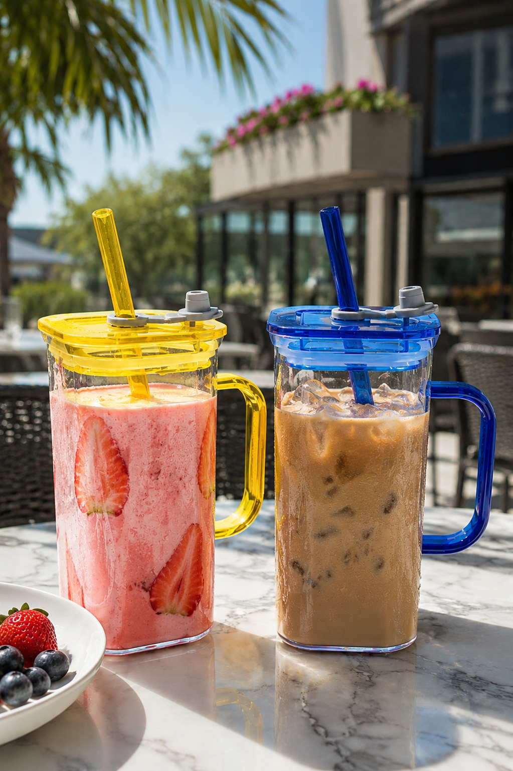 Double Wall Juice Glass Set Of 2 With Lid & Straw With MDF Serving Tray | Square Transparent Drink Glasses For Juice Water Cold Coffee Smoothies