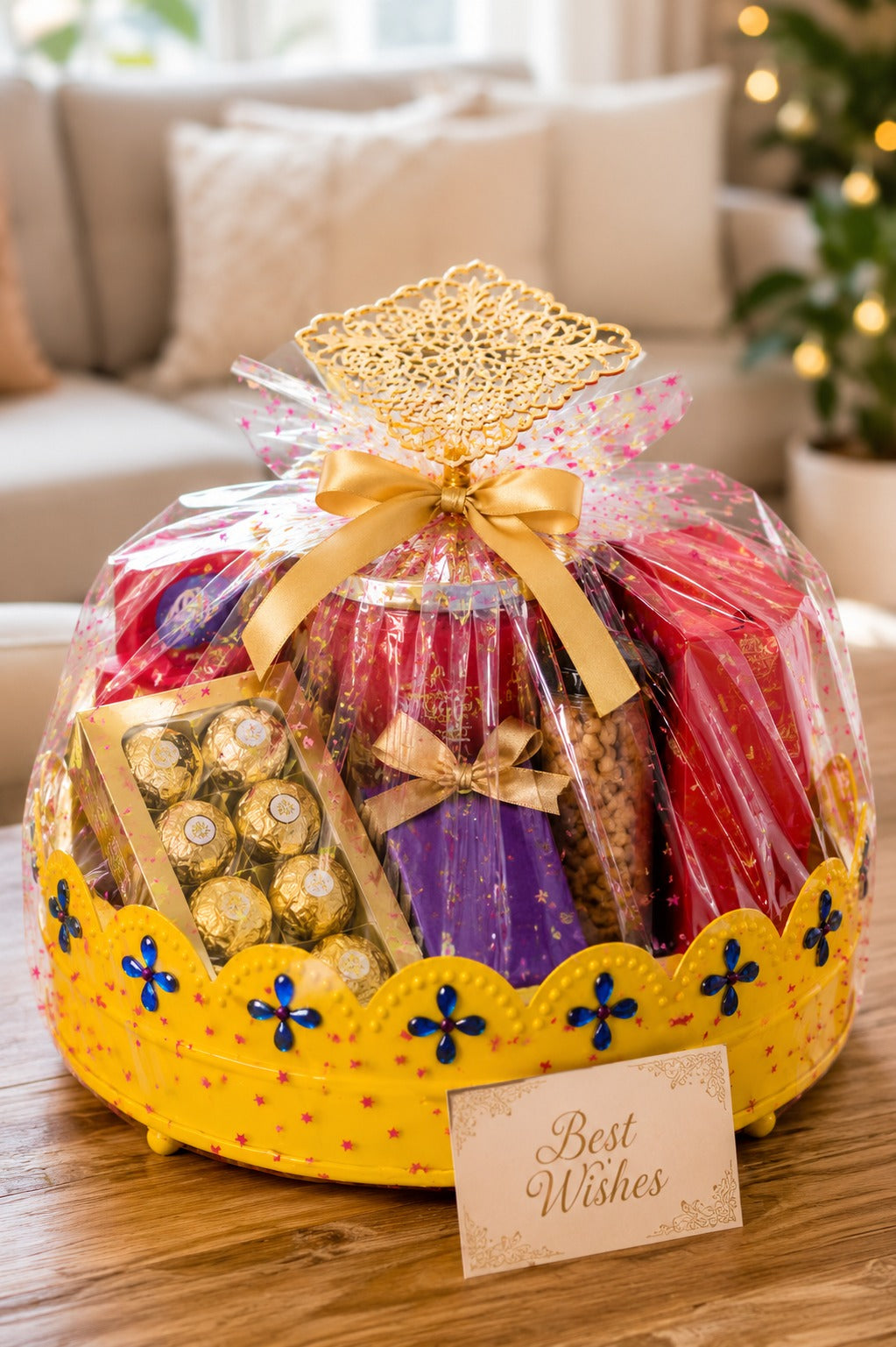 Premium Decorative Metal Round Tray (Yellow) | Yellow Multipurpose Gift Hamper Basket | Floral Serving Tray | Fruit, Cosmetics, Organizer & Home Decor Tray | 19 cm