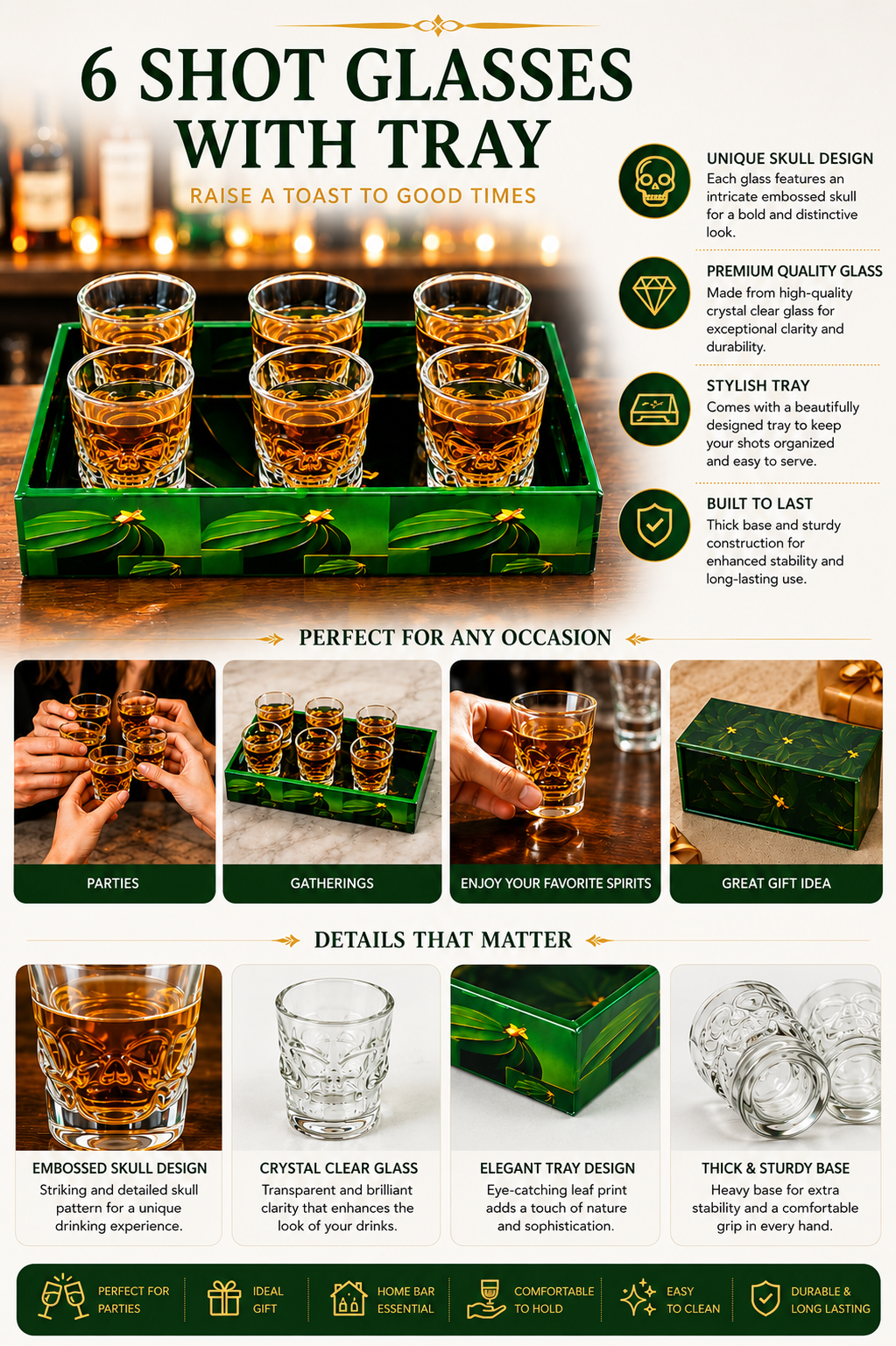 Skull Shot Glass Set Of 6 With MDF Resin Tray | 50ml Clear Skull Design Glasses For Vodka, Whiskey, Tequila & Cocktails | Barware Set For Parties & Gifting