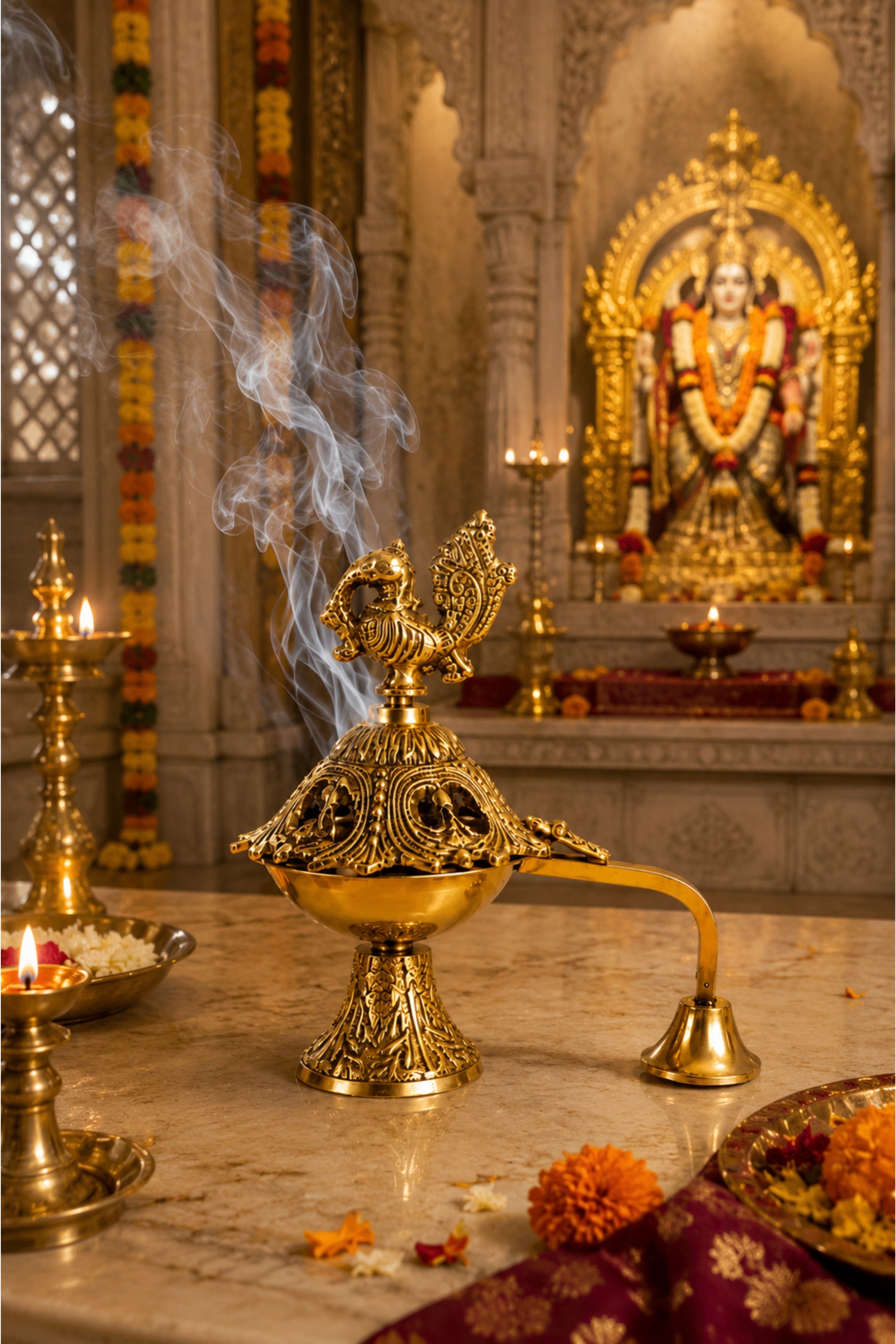 Premium Peacock Brass Incense Burner with Handle | Handcrafted Brass Dhoop Dani for Sambrani, Loban, Dhoop Cups & Resin Incense | Decorative Pooja Dhuni Burner for Home & Temple