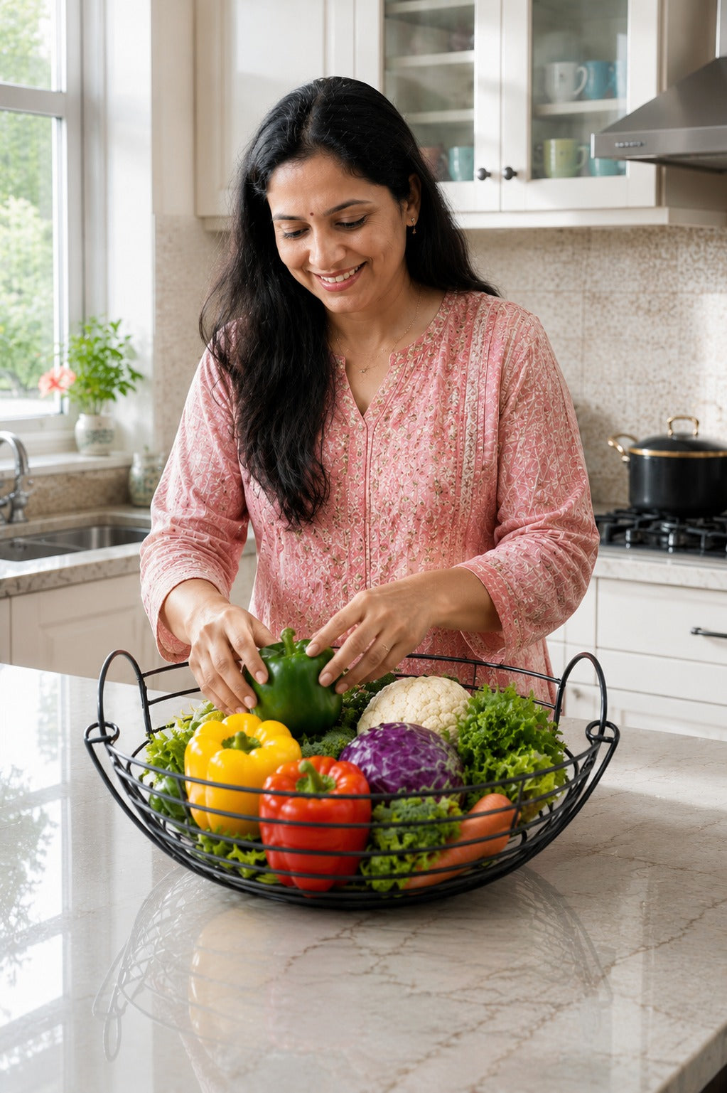 Modern Metal Fruit & Vegetable Basket | Large Round Wire Storage Basket with Handle | Kitchen & Dining Organizer