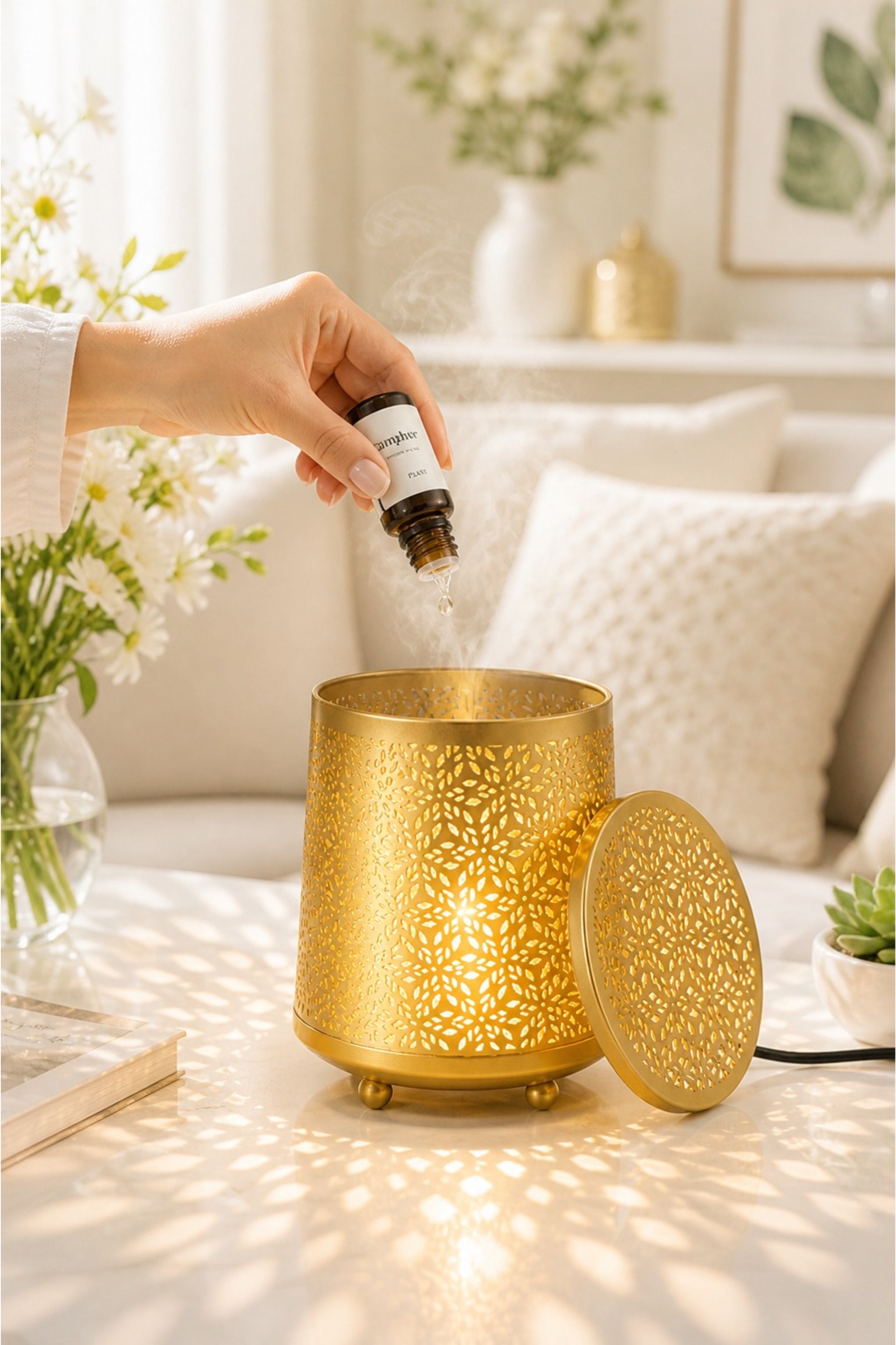 Metal Electric Aroma Diffuser Burner | Moroccan Cutwork Bulb Heat Oil Warmer Lamp | Fragrance Diffuser for Home, Office, Spa & Meditation | Free 10 ml Aroma Oil Included