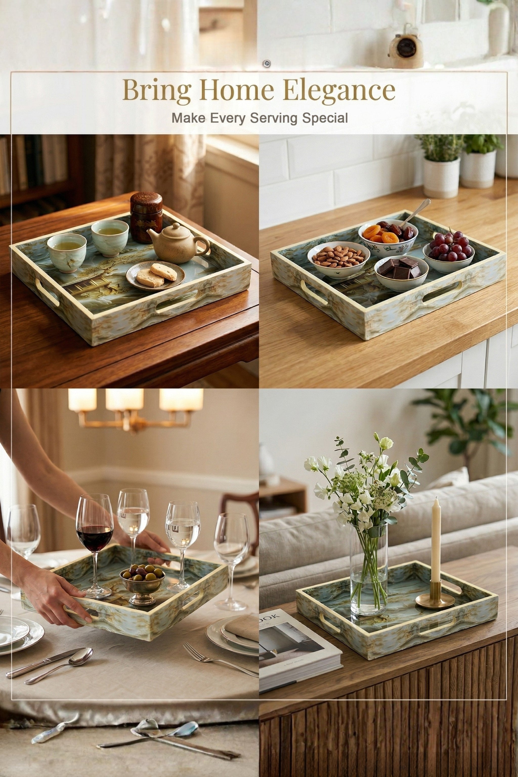 Premium Decorative Serving Tray Set of 2 with Gold Handles | Resin Art Wooden Serving Trays for Tea, Coffee, Snacks, Breakfast & Home Décor | Luxury Vanity, Ottoman & Coffee Table Organizer