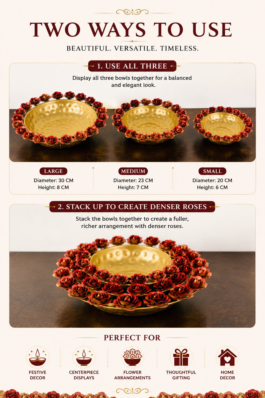 Premium Decorative Urli Bowl Set of 3 with Rose Rim Design | Hammered Metal Floating Flower Bowls for Water, Candles & Tea Lights | Diwali, Pooja, Wedding, Festival & Home Décor Centerpiece