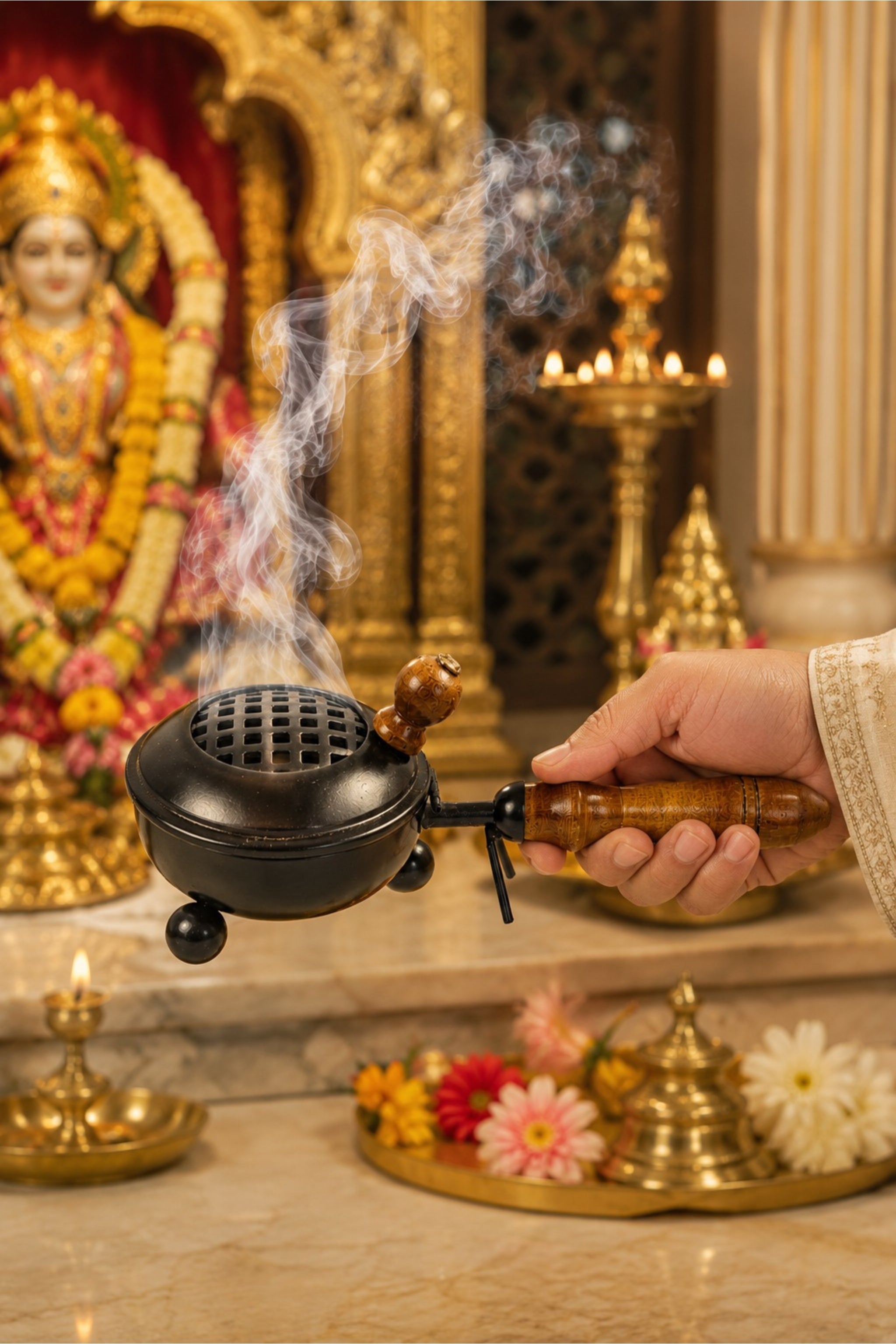 Black Metal Dhoop Dani with Wooden Handle & Lid for Pooja, Loban & Sambrani Burning | Covered Incense Burner for Home Temple, Havan, Vastu & Daily Use Puja Item
