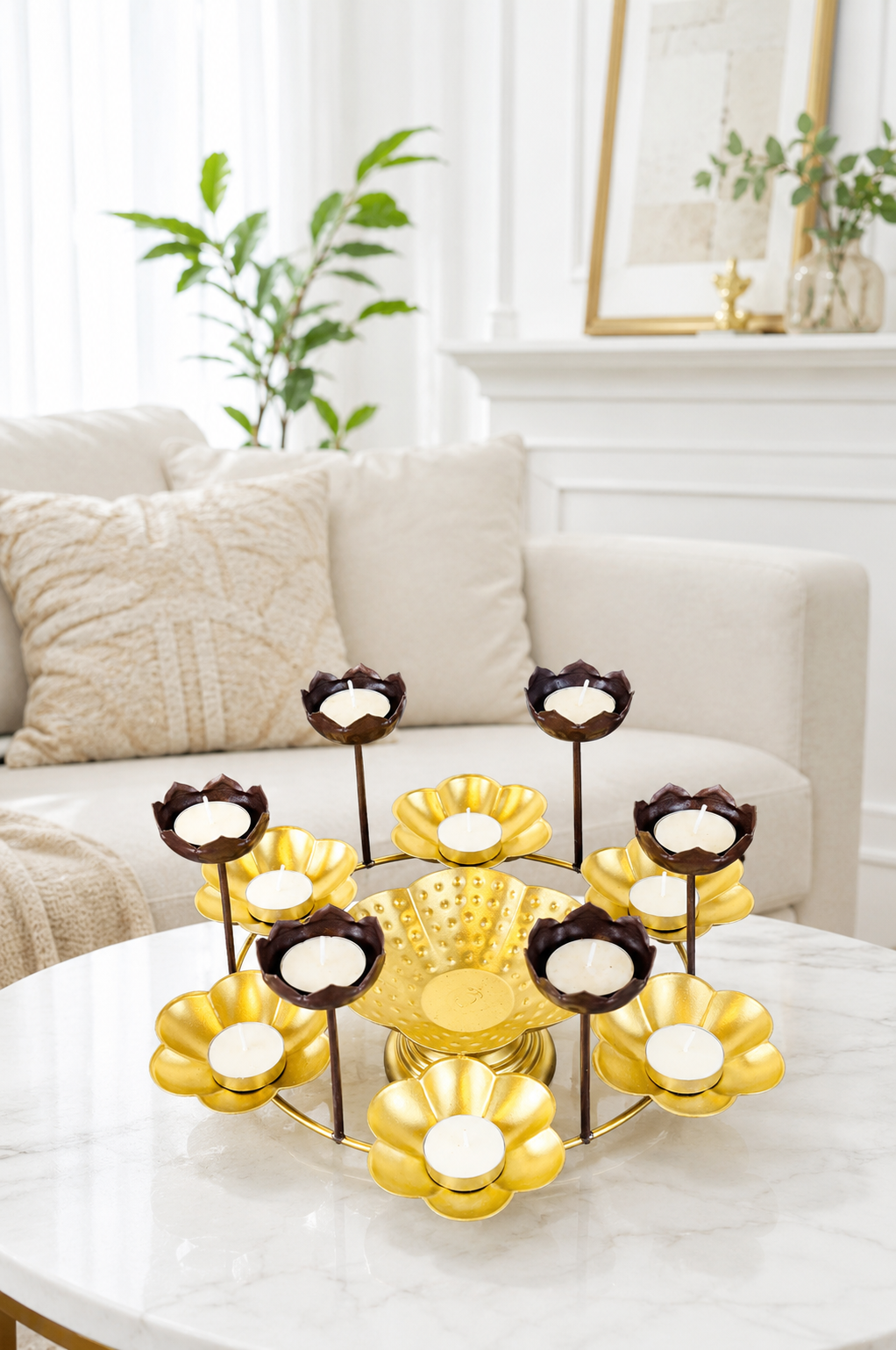 Premium Lotus Urli Bowl with Elevated Tea Light Holders | Decorative Hammered Metal Floating Flower Bowl | Gold Finish Candle Centerpiece for Diwali, Pooja, Weddings, Festivals & Home Décor