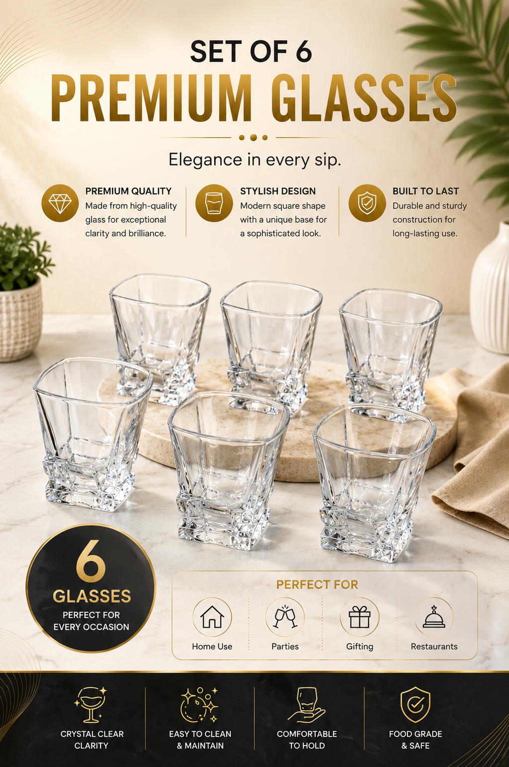 Premium Square Whiskey Glass Set with MDF Serving Tray | 6 Crystal Clear Heavy Base Drinking Glasses for Whisky, Scotch, Cocktails, Juice & Water | Elegant Drinkware Gift Set for Home Bar