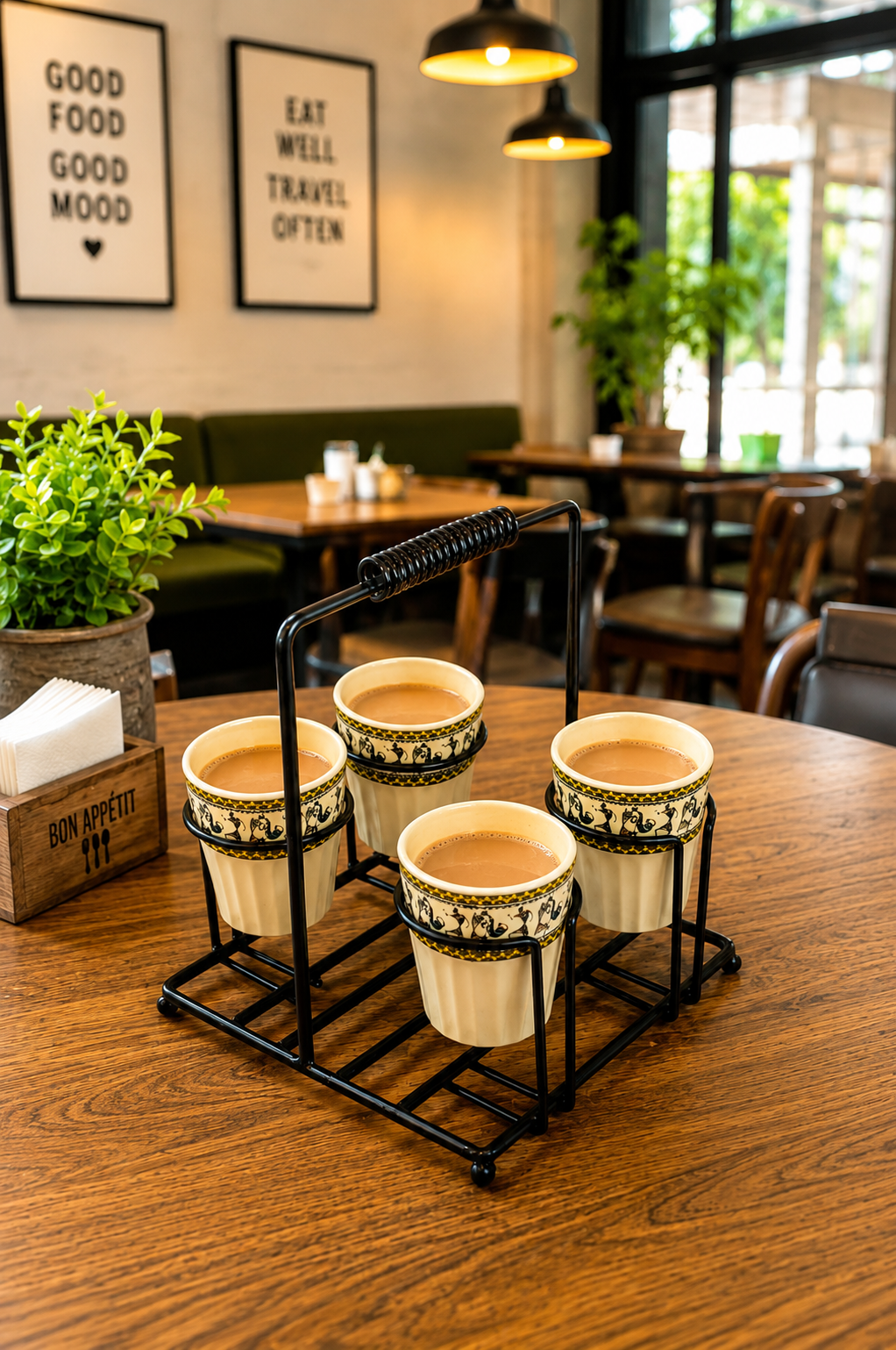 Set of 4 Ceramic Tea Cups with Metal Stand | Traditional Printed Kulhad Style Cups with Portable Holder | Tea Coffee Serving Set for Home Kitchen & Gifting