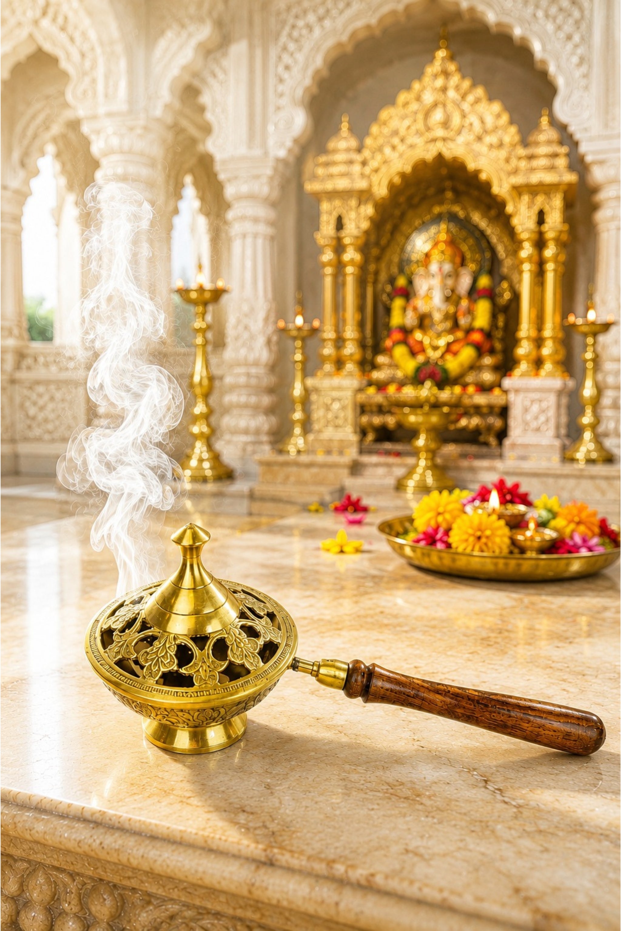 Premium Brass Loban Burner with Wooden Handle | Handcrafted Brass Dhoop Dani for Loban, Sambrani Cups, Bakhoor, Camphor & Resin Incense | Antique Floral Brass Incense Burner for Home Temple, Meditation & Gifting
