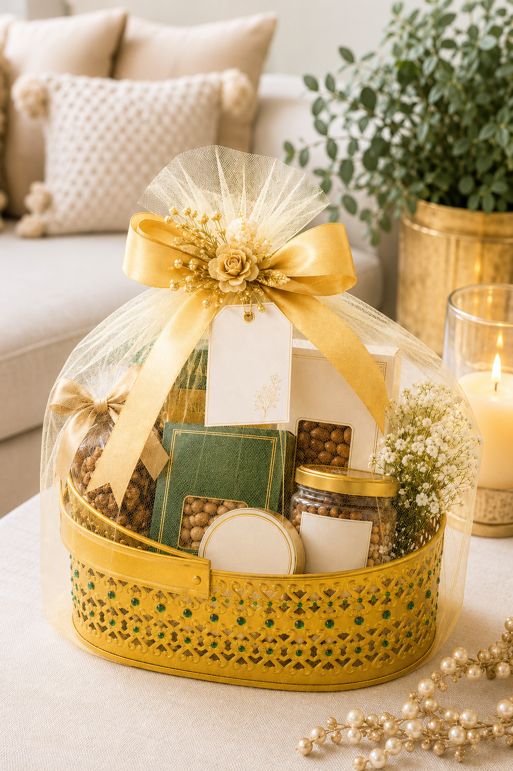Premium Decorative Metal Gift Basket with Handle | Gold Finish Storage Basket | Dry Fruit, Gift Hamper, Fruit Basket, Home Decor & Multipurpose Organizer | 25 x 11.5 x 10 cm