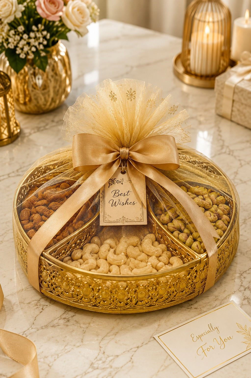 Premium Brass Multi-Compartment Gift Tray | Round Decorative Serving Tray with 4 Sections | Dry Fruit, Sweets, Chocolates, Snacks & Gift Hamper Organizer | Festive Brass Platter