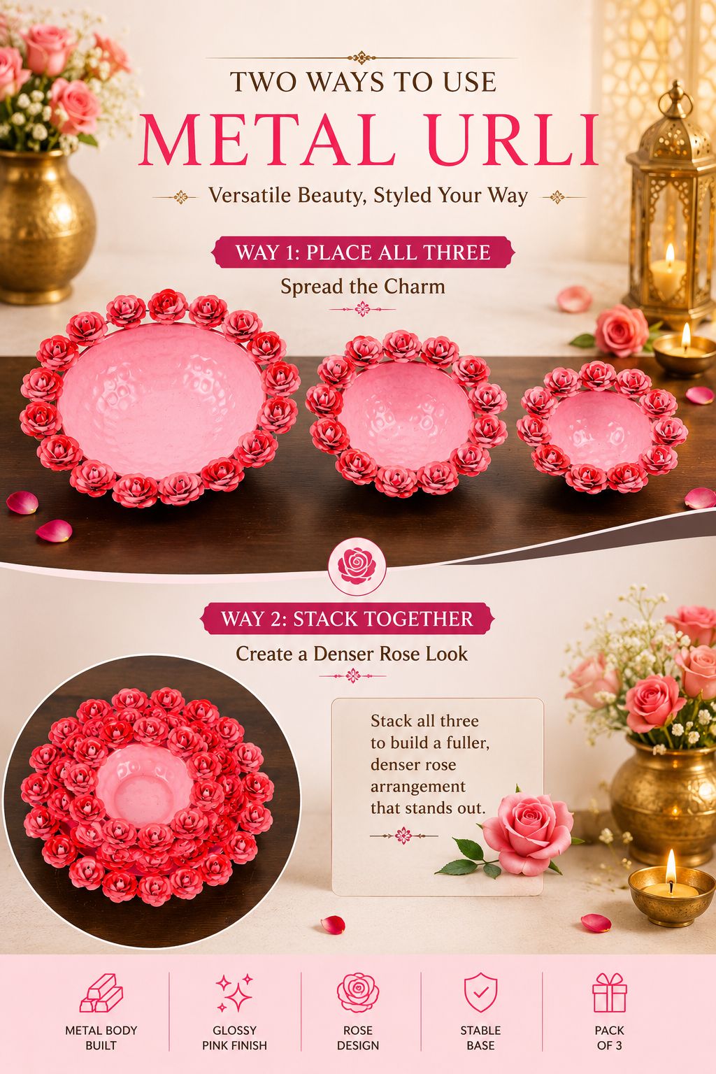 Decorative Metal Urli Bowl Set with Rose Border | Floating Flower & Candle Urli for Home & Festival Decor (Set of 3, Pink)