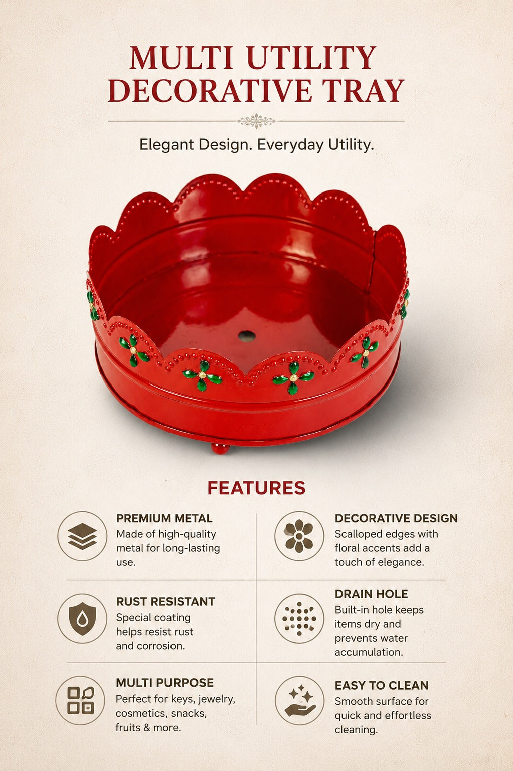 Premium Decorative Metal Gift Tray (Red) | Round Red Multipurpose Hamper Basket | Floral Cutwork Serving Tray | Fruit, Dry Fruit, Gift Packing & Home Decor Tray | 16 cm
