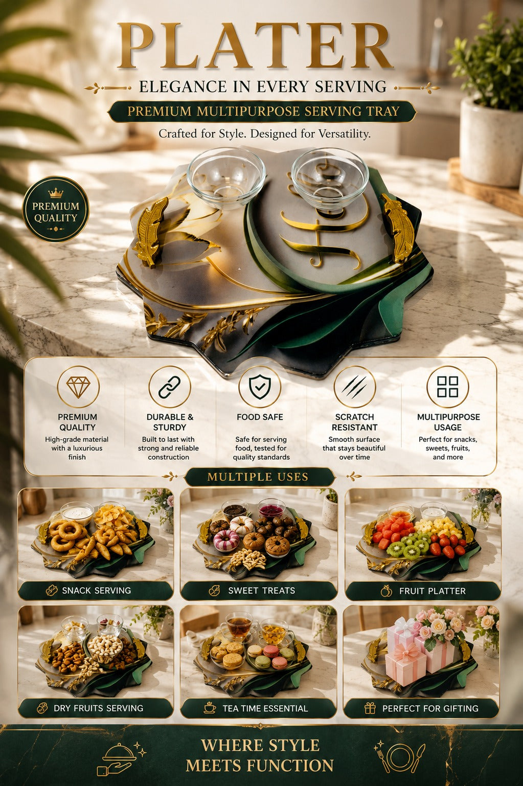 Premium Multipurpose Serving Tray with 2 Glass Bowls & Gold Handles | Decorative MDF Snack Serving Platter | Printed Serving Board for Snacks, Dry Fruits, Desserts & Tea Time