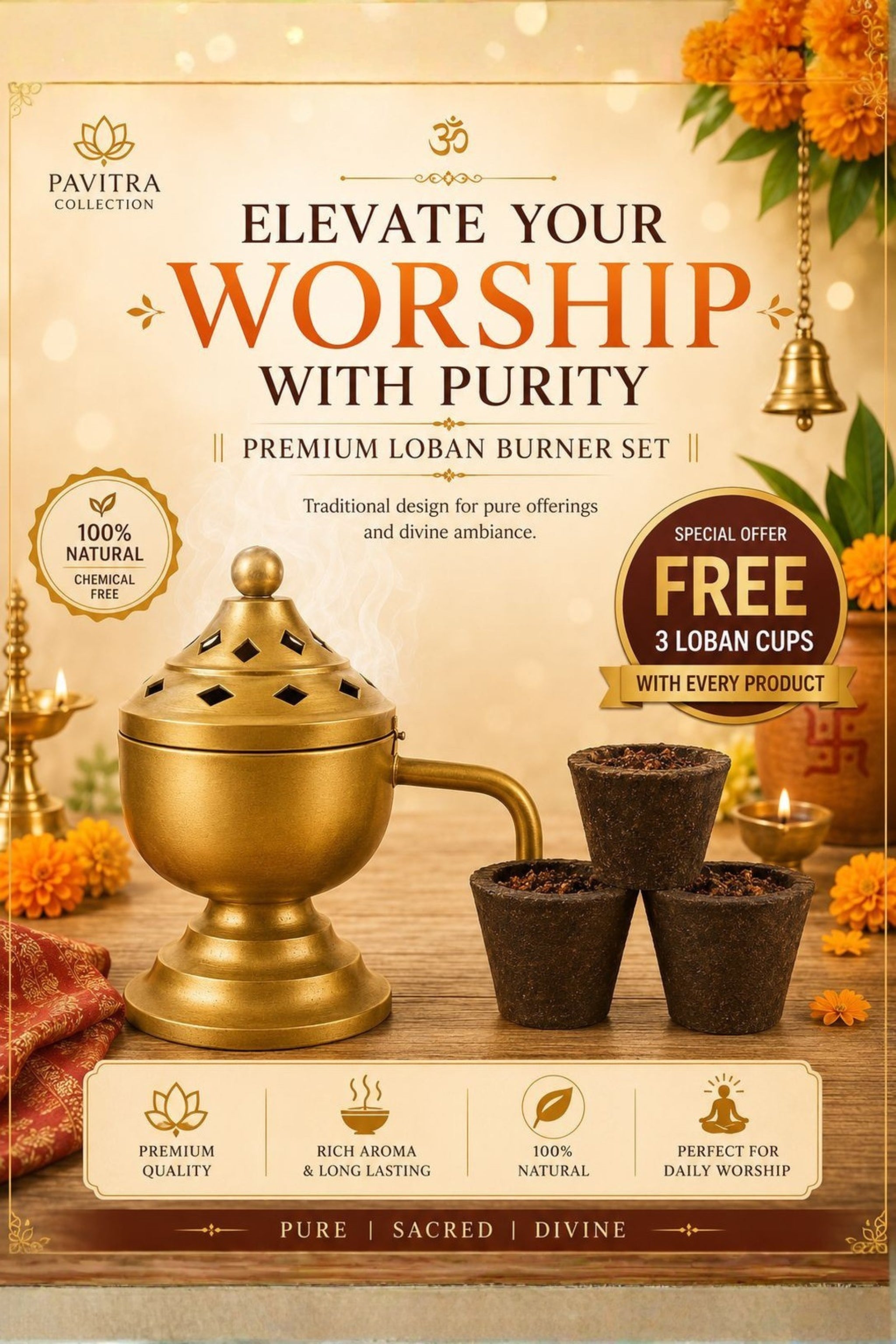 Brass Finish Metal Dhoop Dani with Wooden Handle & Lid for Pooja, Loban & Sambrani Burning | Covered Incense Burner for Home Temple, Havan, Vastu & Premium Festive Gift Item