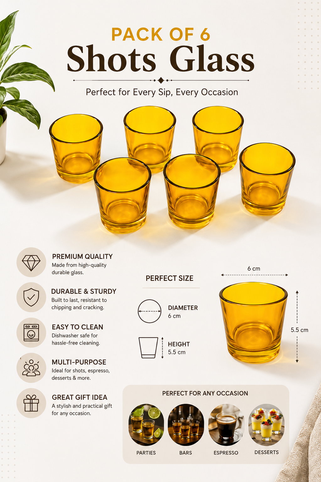 Premium Shot Glass Set of 6 with Metal Stand | 40ml Mini Whisky Vodka Tequila Glasses with Wooden Handle Carrier | Dhaba Style Serving Set for Home Bar & Parties