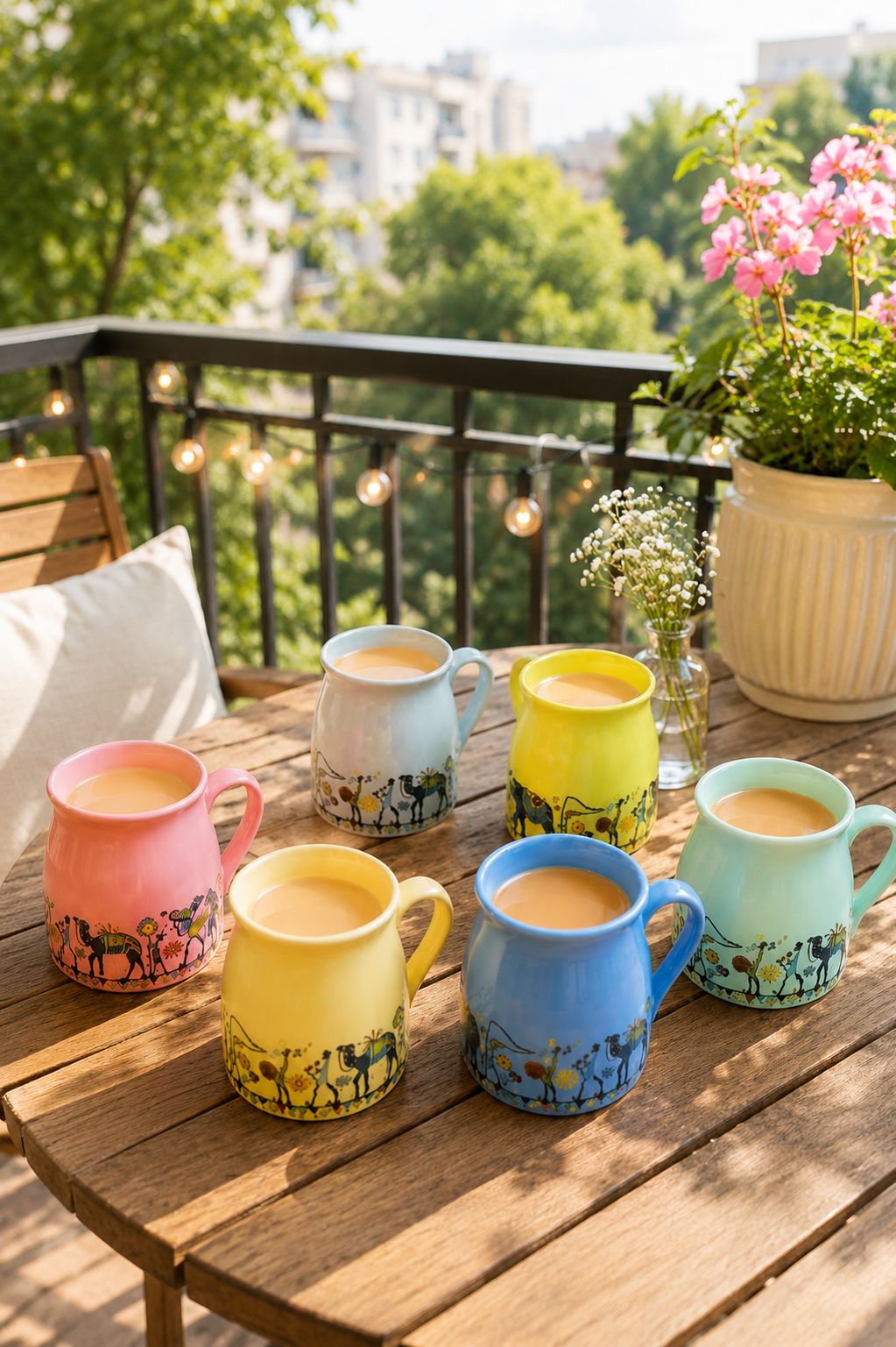 Printed Ceramic Coffee Mug Set Of 6 With Metal Stand | Designer Tea & Coffee Cups With Holder For Home, Kitchen, Office & Gifting